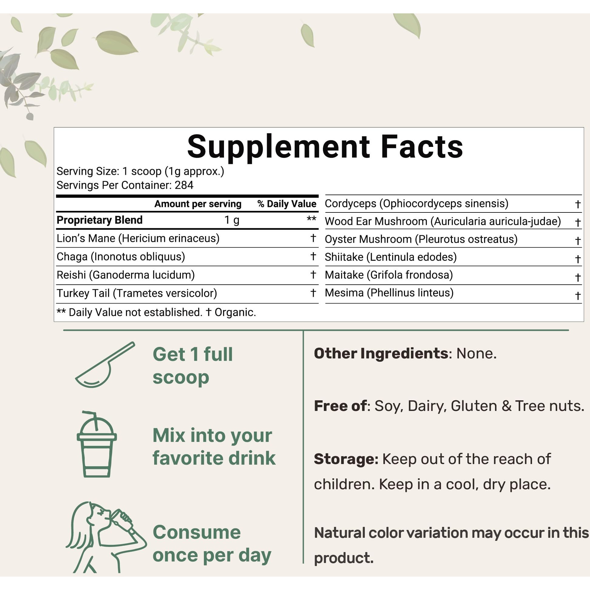 Micro Ingredients Organic Mega Mushroom 10 In 1 Complex Formula Powder For Immune System Booster, 10 Ounce (284 Days Supply), Chaga, Lions Mane, Cordyceps, Reishi & More, Filler Free, Vegan