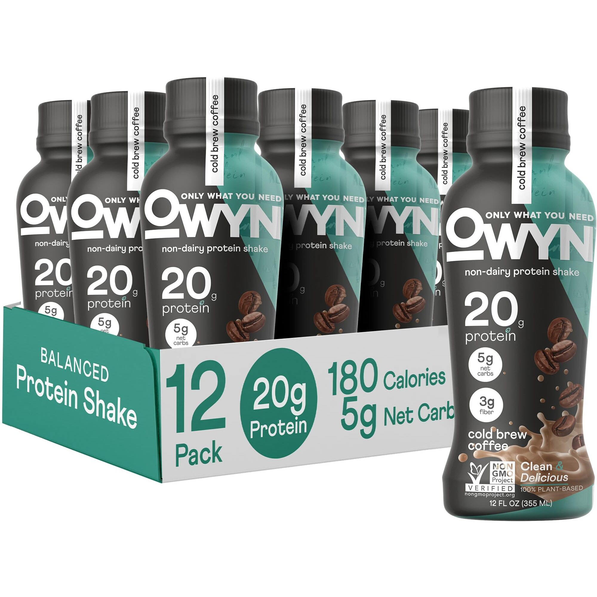 Owyn Only What You Need Vegan Plant-Based Protein Shake, Cold Brew Coffee, 12 Pack, With 20G Plant Protein, Omega-3, Prebiotic Supplements, Superfoods Greens Blend, Gluten-Free, Soy-Free, Non-Gmo