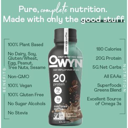Owyn Only What You Need Vegan Plant-Based Protein Shake, Cold Brew Coffee, 12 Pack, With 20G Plant Protein, Omega-3, Prebiotic Supplements, Superfoods Greens Blend, Gluten-Free, Soy-Free, Non-Gmo