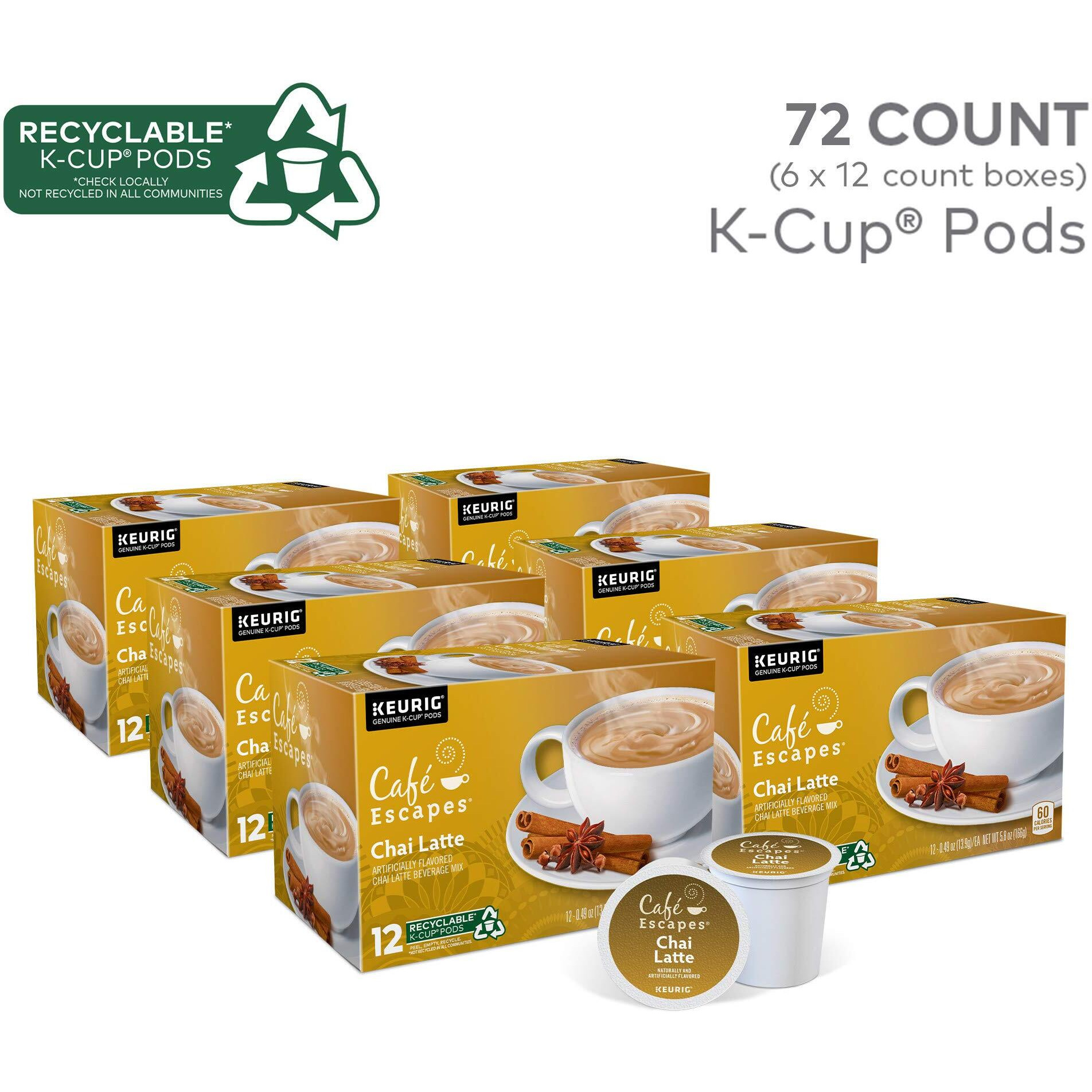 Cafe Escapes Chai Latte Keurig Single-Serve K-Cup Pods, 72 Count (6 Packs Of 12)