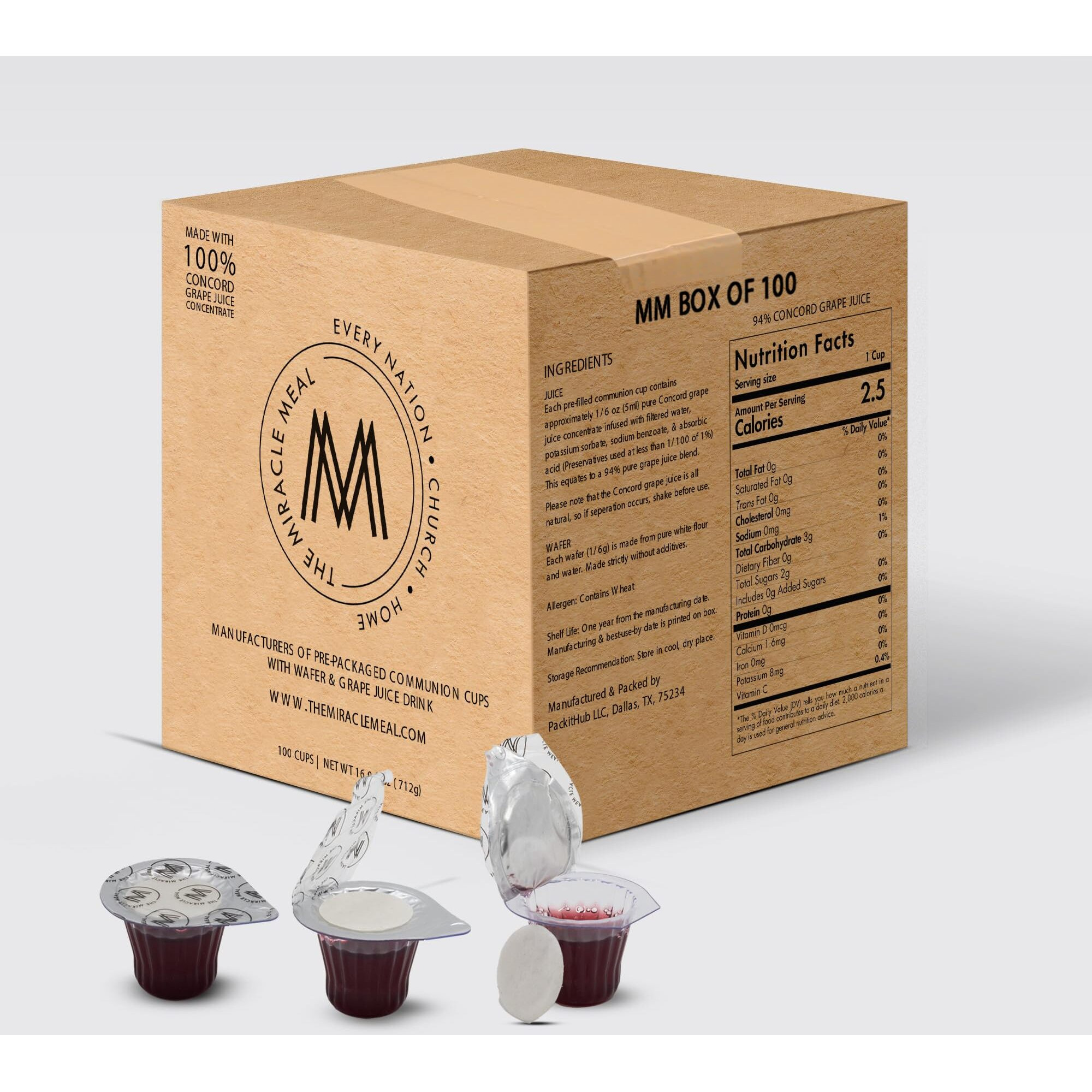 Pack It Hub The Miracle Meal Pre-Filled Communion Cups And Wafer Set - Box Of 100 - Made With Concord Grape Juice & Wafer-Made In The Usa