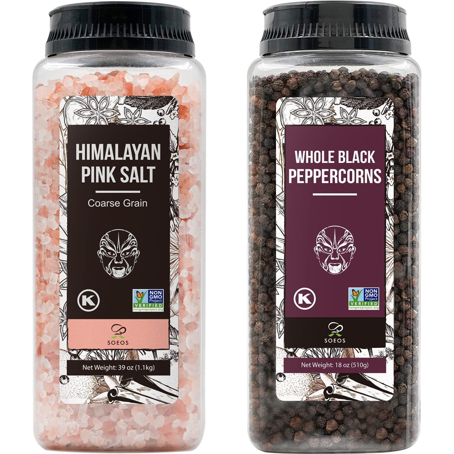 Soeos Himalayan Pink Salt 39 Oz + Whole Black Peppercorns 18 Oz, Kosher Bulk, Coarse Salt, For Grinder Refill, Peppercorns, Pepper And Grinder, Non-Gmo Verified, Kosher, Spice Seasoning Set For Cooking