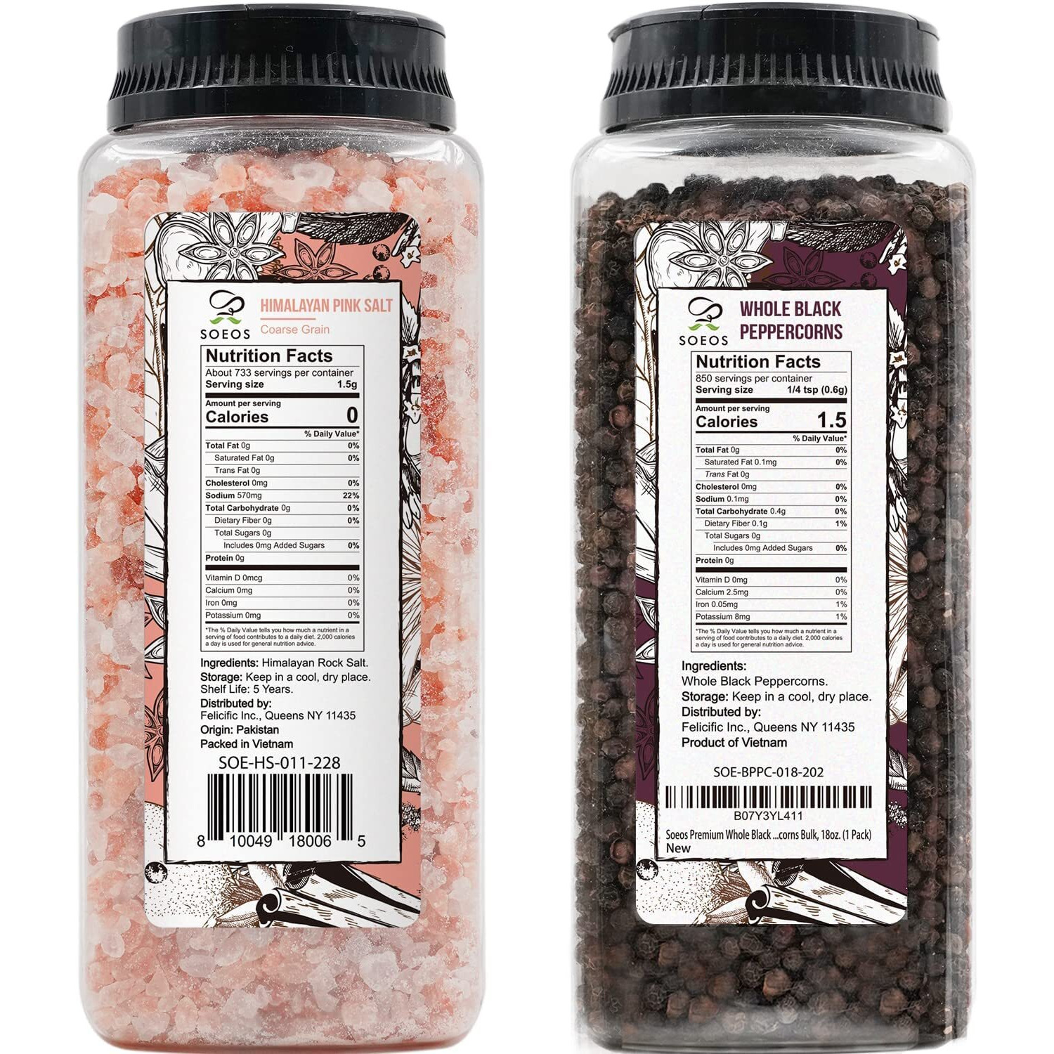 Soeos Himalayan Pink Salt 39 Oz + Whole Black Peppercorns 18 Oz, Kosher Bulk, Coarse Salt, For Grinder Refill, Peppercorns, Pepper And Grinder, Non-Gmo Verified, Kosher, Spice Seasoning Set For Cooking