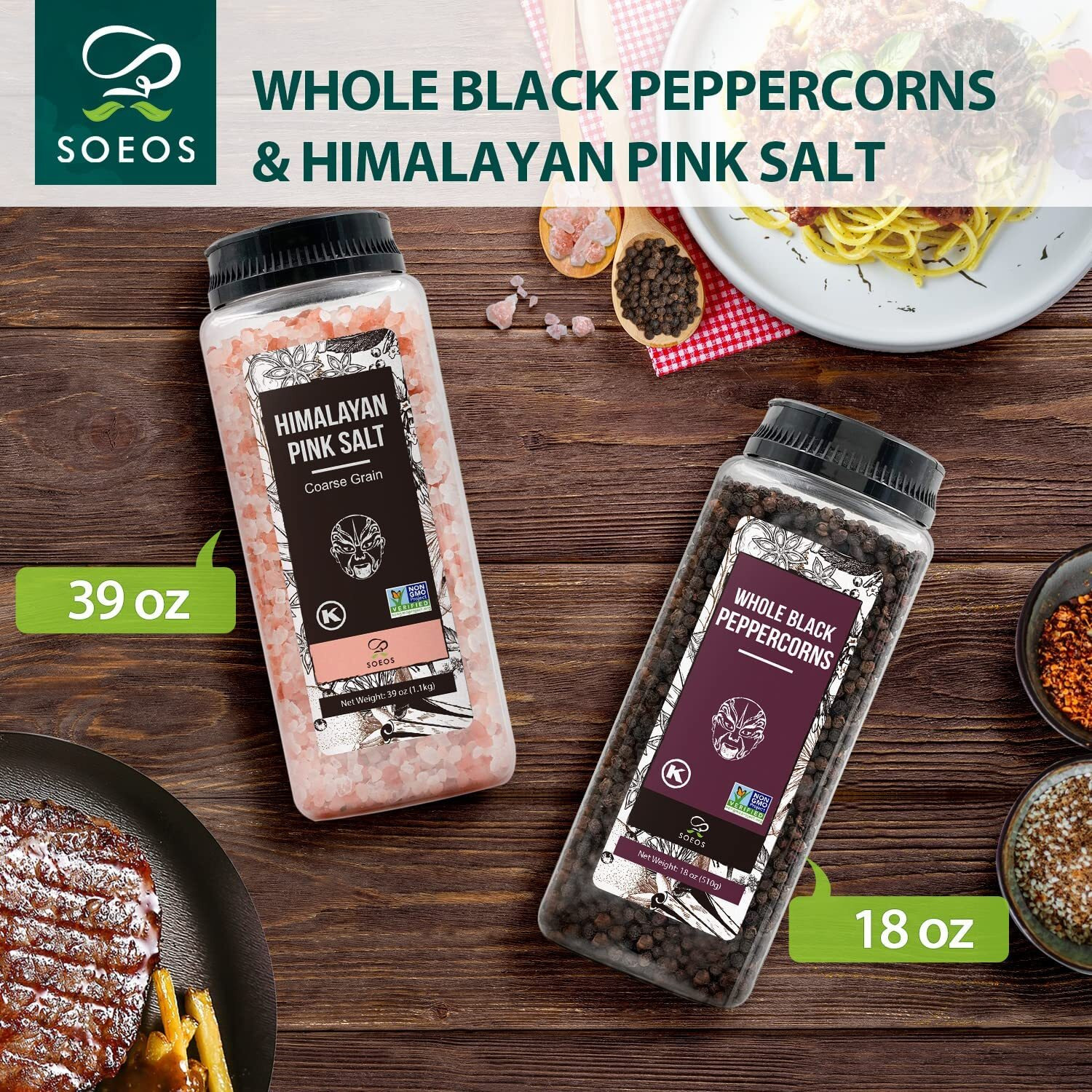 Soeos Himalayan Pink Salt 39 Oz + Whole Black Peppercorns 18 Oz, Kosher Bulk, Coarse Salt, For Grinder Refill, Peppercorns, Pepper And Grinder, Non-Gmo Verified, Kosher, Spice Seasoning Set For Cooking