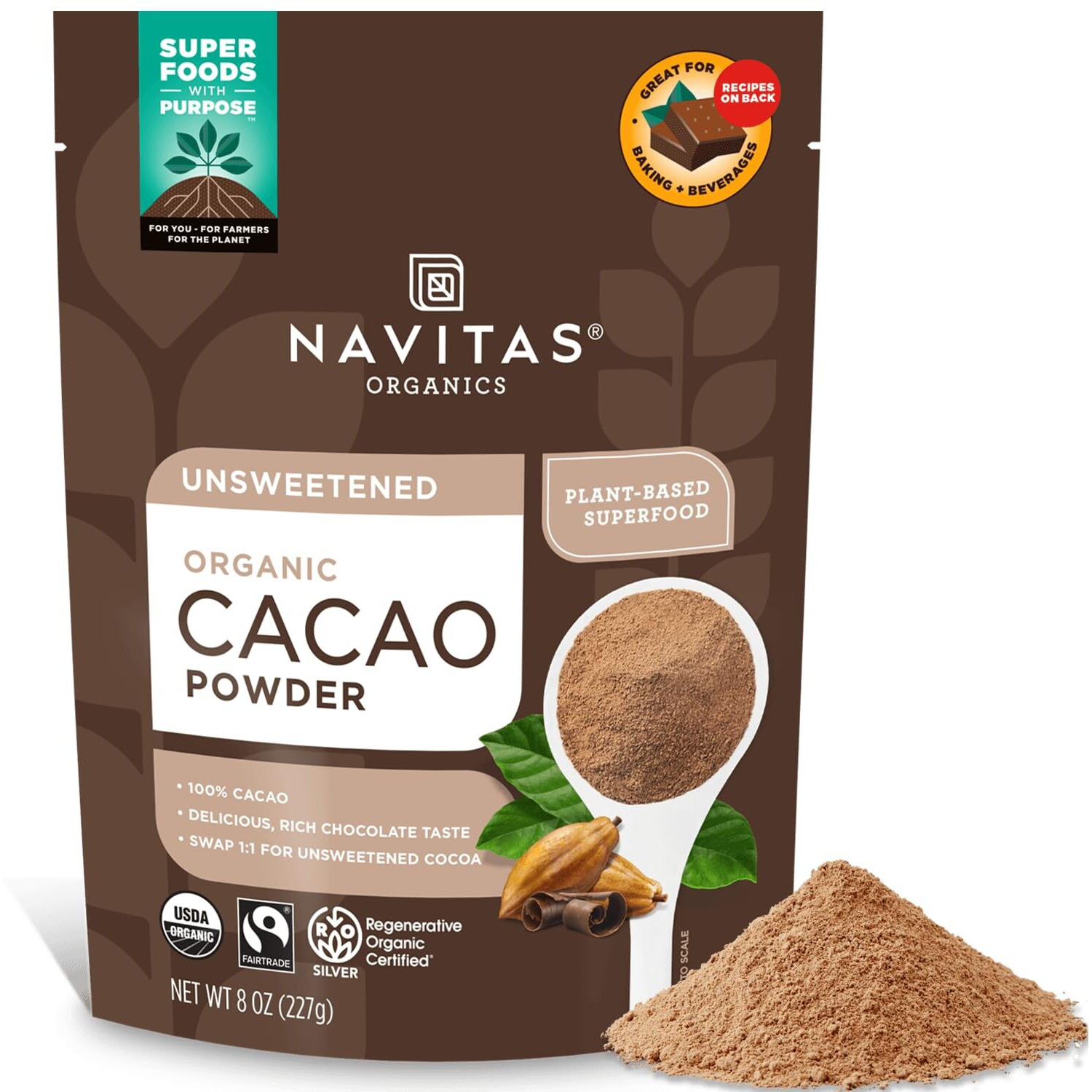 Navitas Organics Cacao Powder, Regenerative Organic Certified, Non-Gmo, Fair Trade, Gluten-Free, 8Oz. Bag, 15 Servings