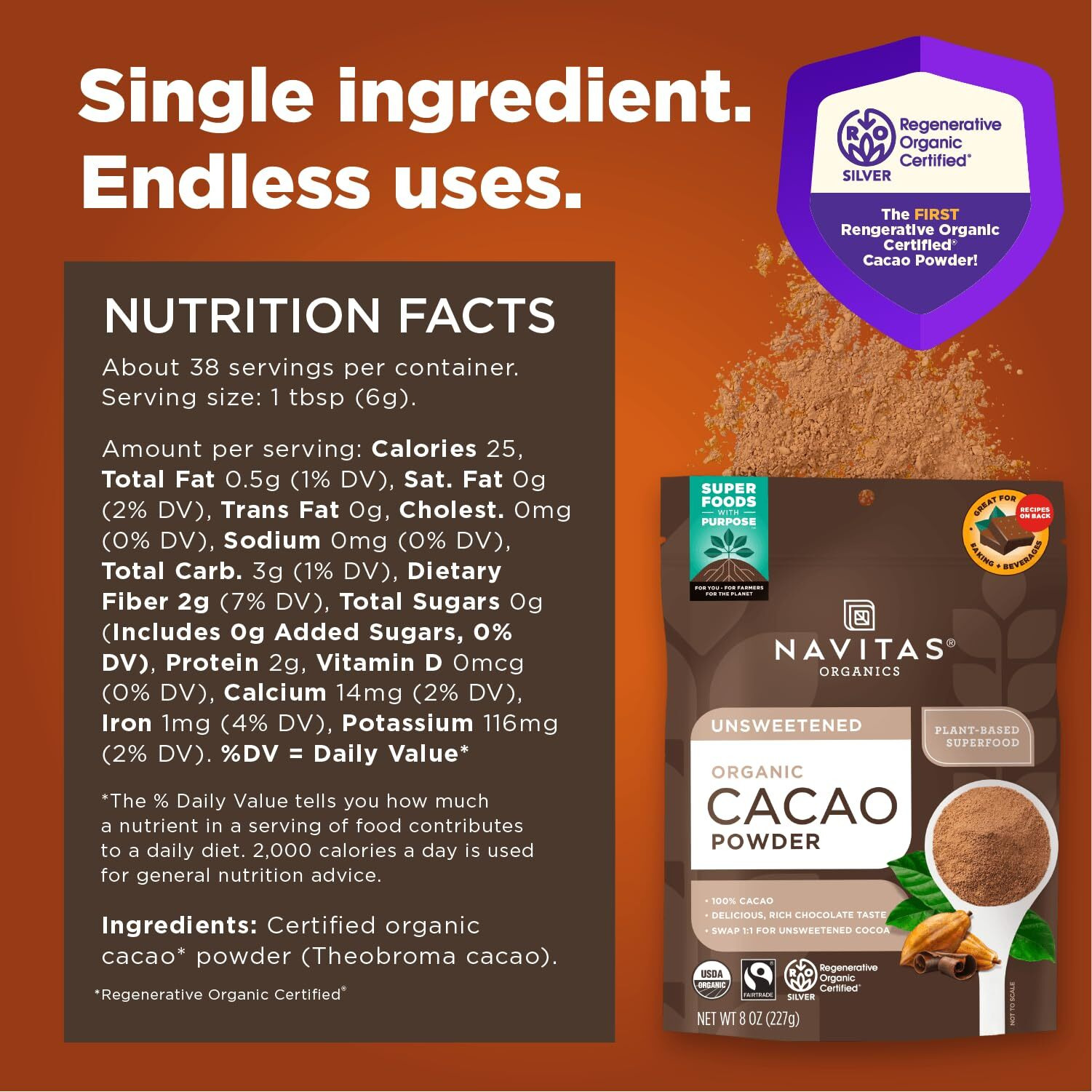 Navitas Organics Cacao Powder, Regenerative Organic Certified, Non-Gmo, Fair Trade, Gluten-Free, 8Oz. Bag, 15 Servings