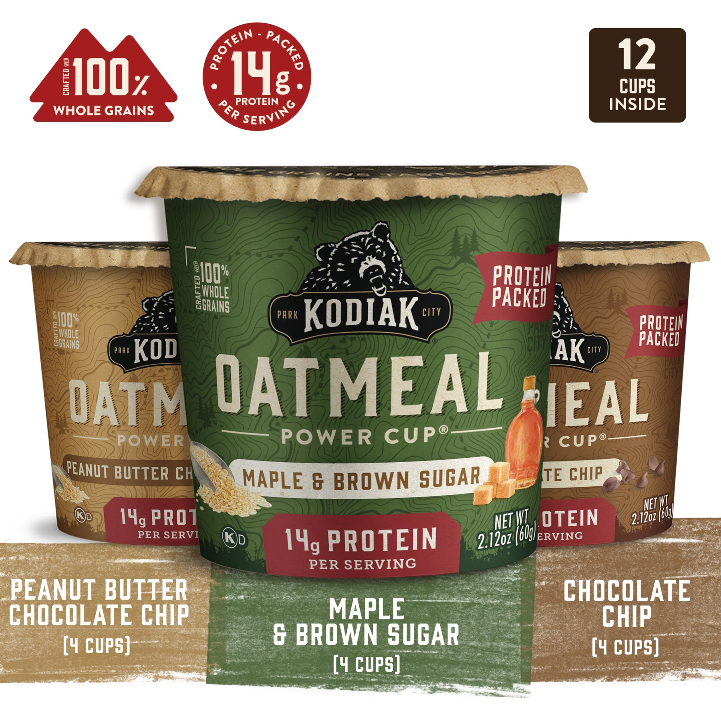 Kodiak Cakes Instant Oatmeal Cup Variety Pack Peanut Butter Chocolate Chip, Maple & Brown Sugar, & Chocolate Chip