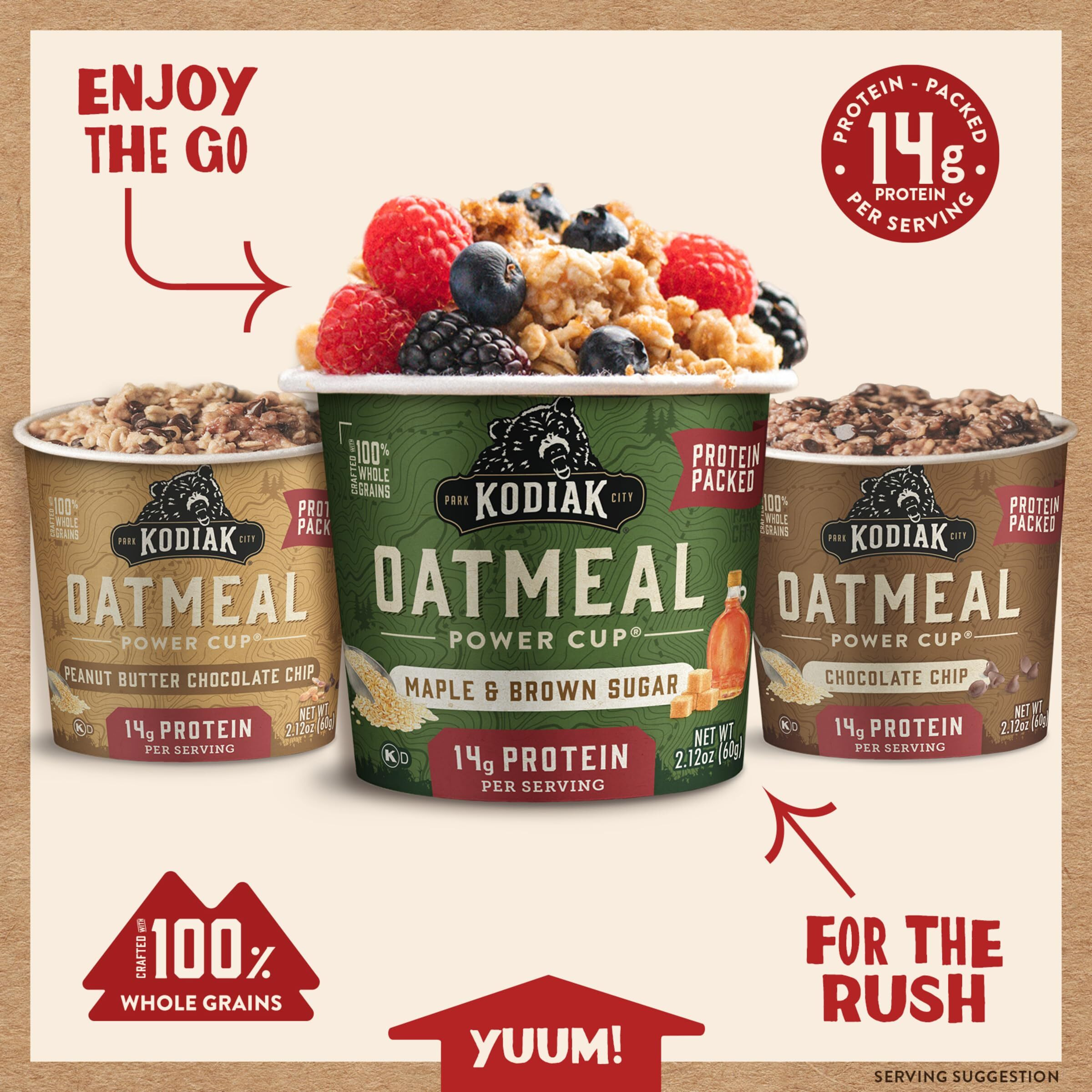 Kodiak Cakes Instant Oatmeal Cup Variety Pack Peanut Butter Chocolate Chip, Maple & Brown Sugar, & Chocolate Chip