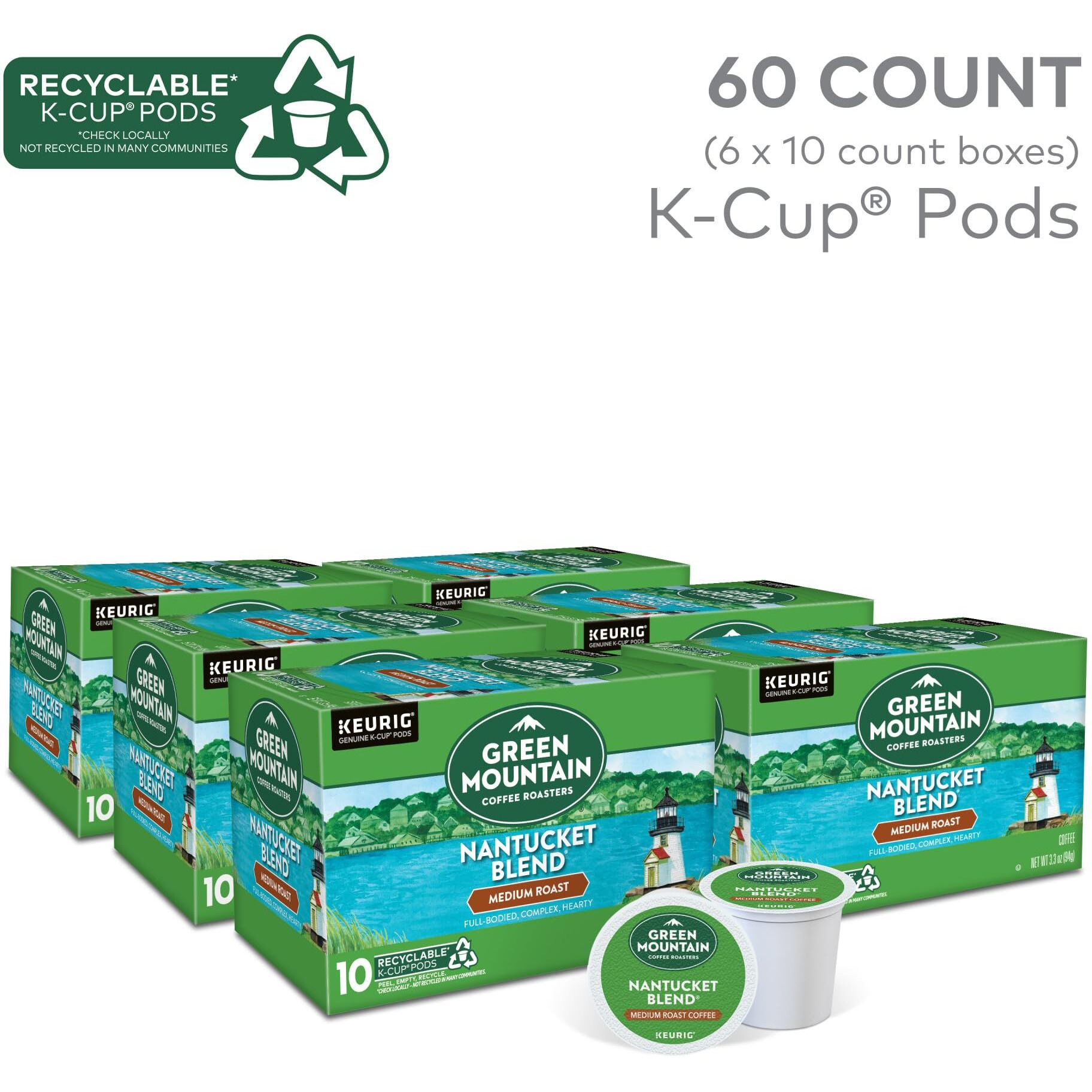 Green Mountain Coffee Roasters Nantucket Blend, Keurig Single Serve K-Cup Pods, Medium Roast Coffee, 60 Count, (6 Packs Of 10)