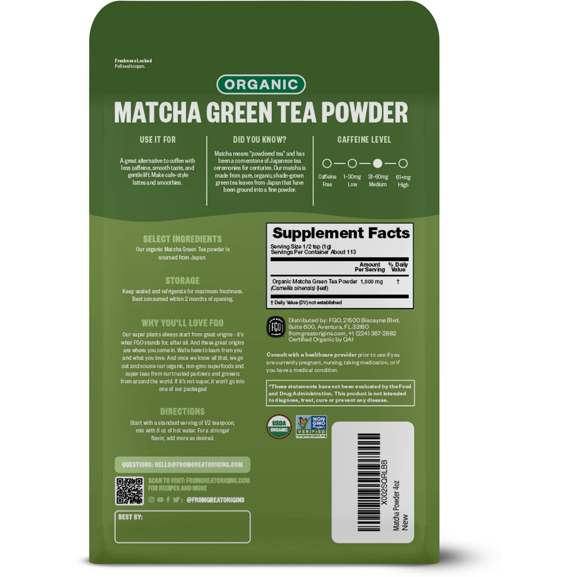Fgo Organic Matcha Green Tea Powder, Japanese Culinary Grade, Resealable Bag, 4Oz, Packaging May Vary (Pack Of 1)