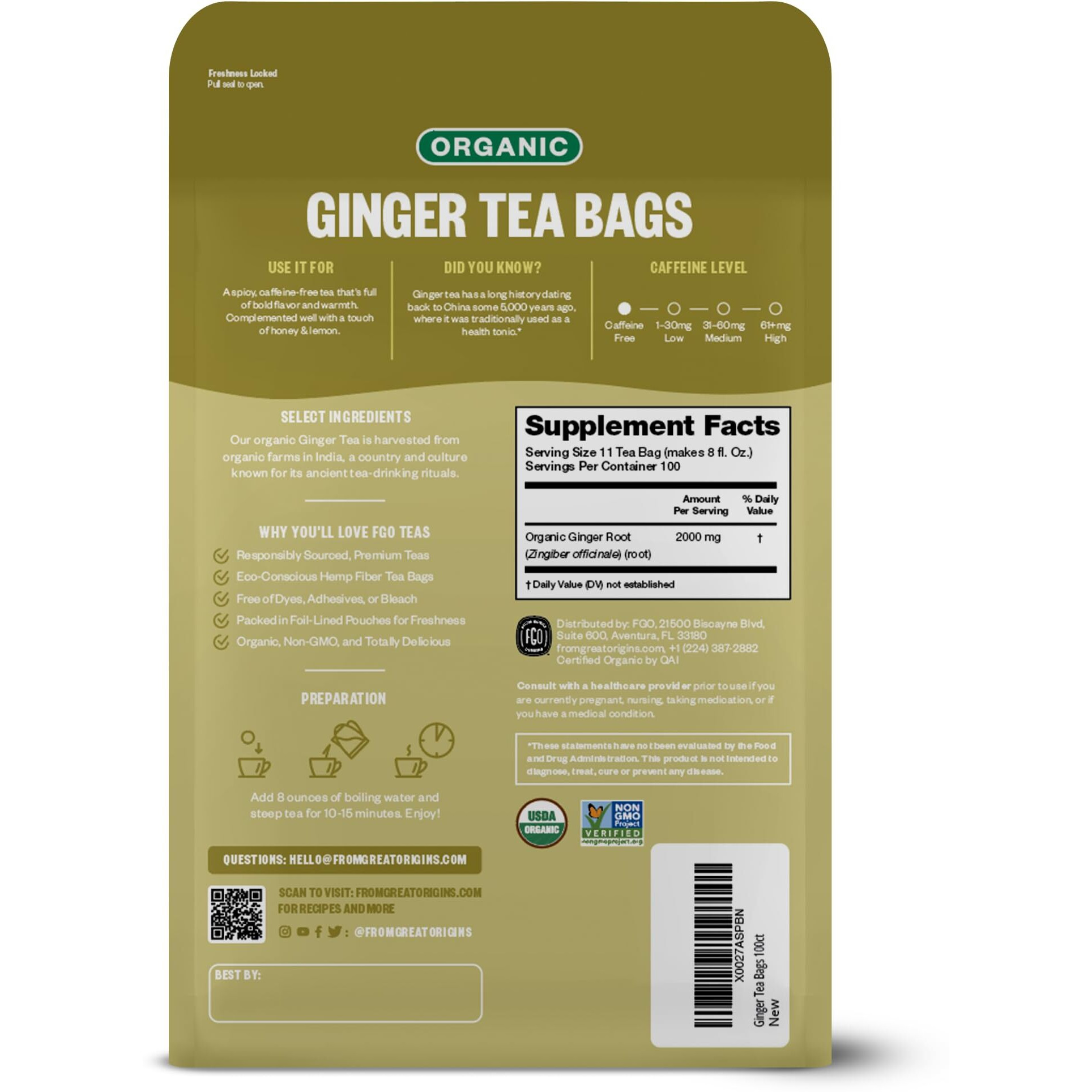 Fgo Organic Ginger Tea, Eco-Conscious Tea Bags, 100 Count, Packaging May Vary (Pack Of 1)
