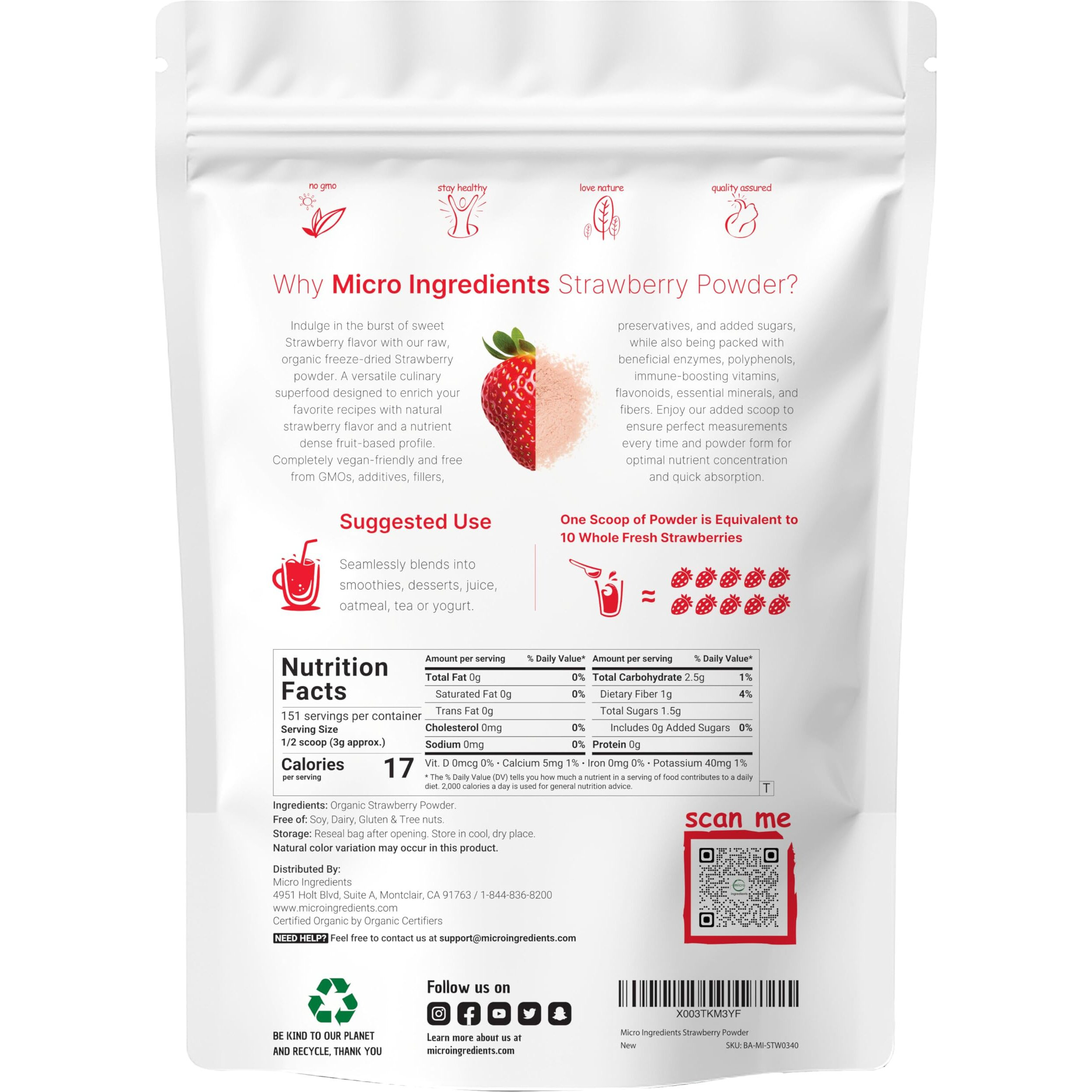 Organic Strawberry Powder, 1 Lb | 100% Natural Fruit Powder | Freeze-Dried Strawberries Source | No Sugar & Additives | Great Flavor For Drinks, Smoothie, & Beverages | Non-Gmo & Vegan Friendly