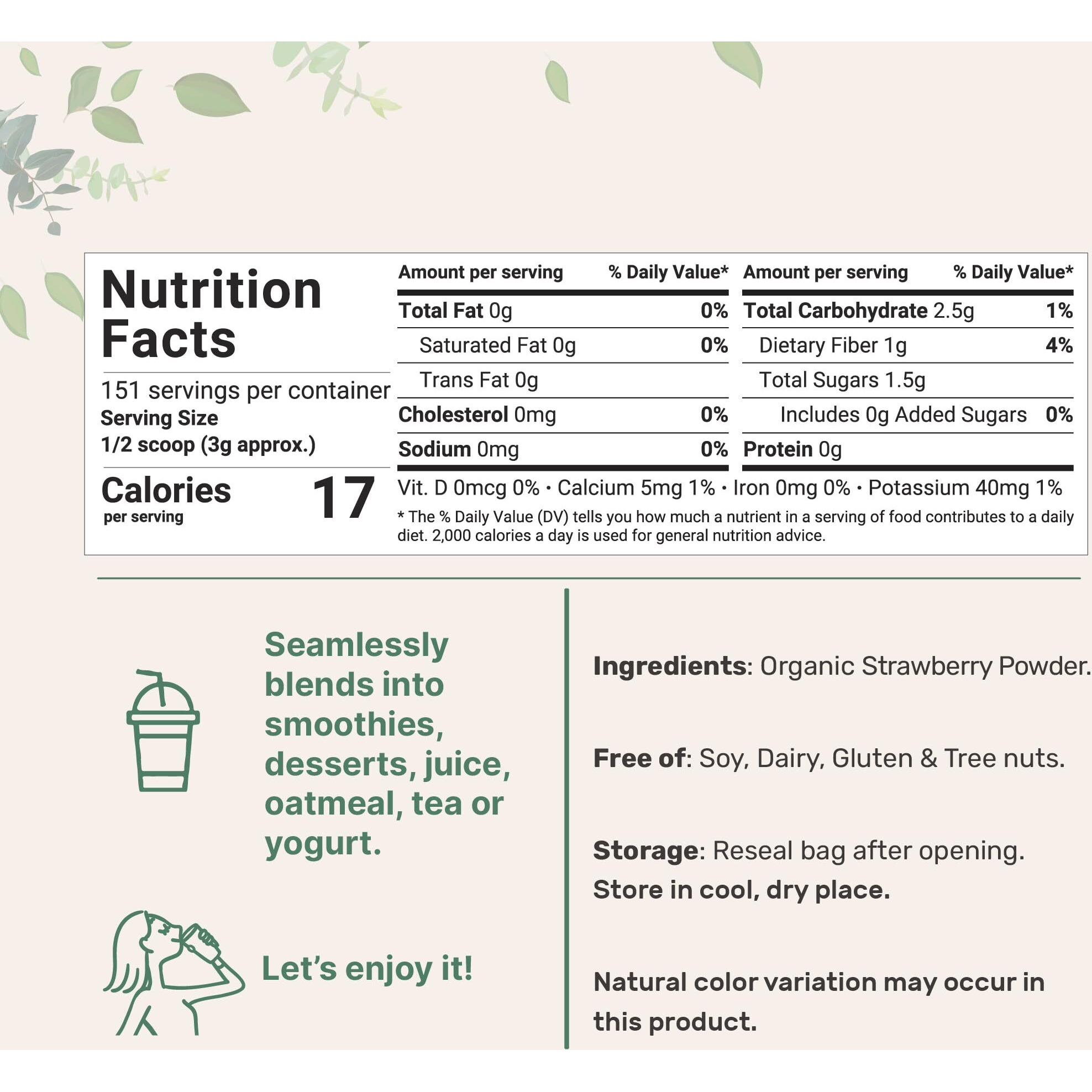 Organic Strawberry Powder, 1 Lb | 100% Natural Fruit Powder | Freeze-Dried Strawberries Source | No Sugar & Additives | Great Flavor For Drinks, Smoothie, & Beverages | Non-Gmo & Vegan Friendly