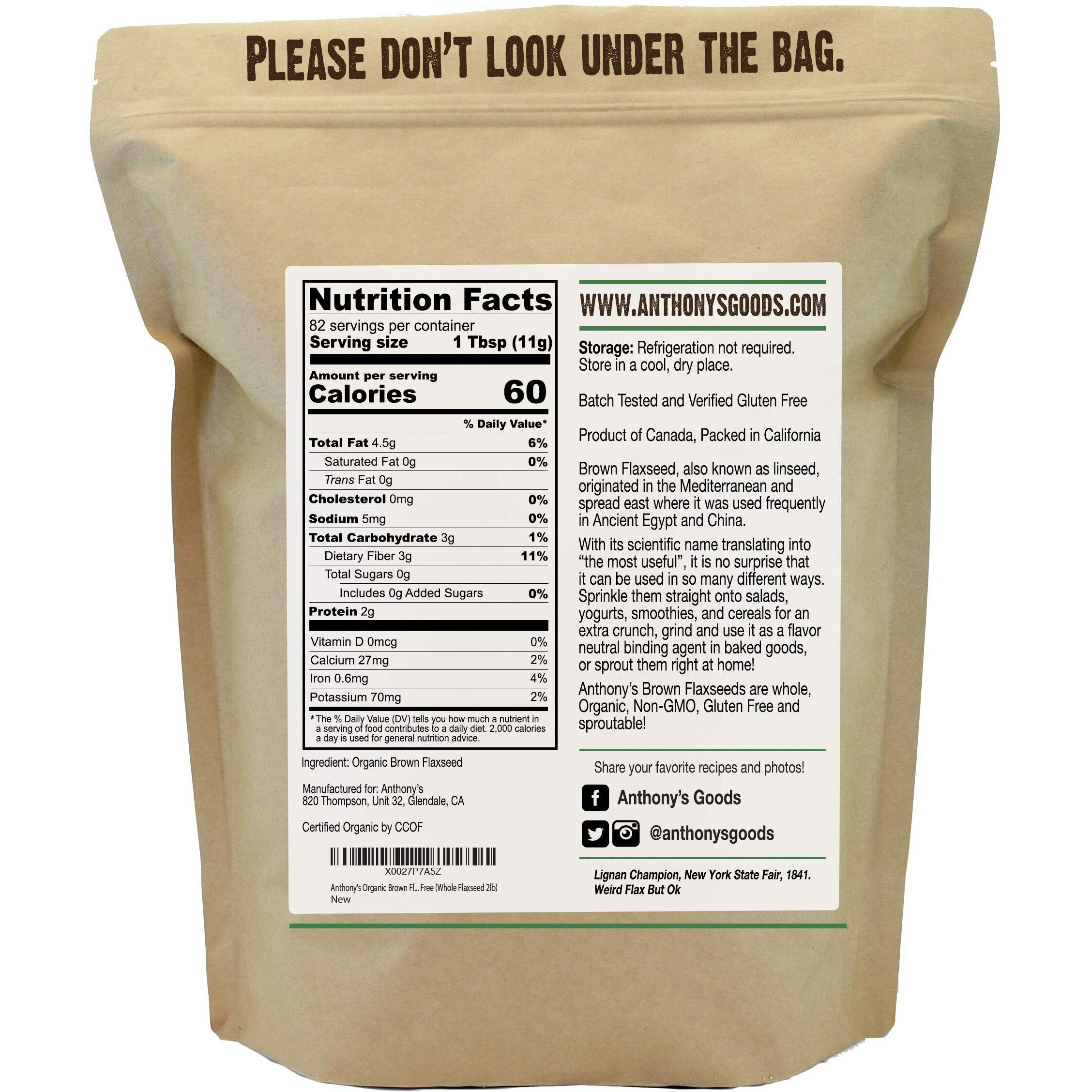 Anthony's Organic Brown Whole Flaxseed, 2 Lb, Batch Tested And Gluten Free, Raw, Non Gmo, Sproutable, Keto Friendly