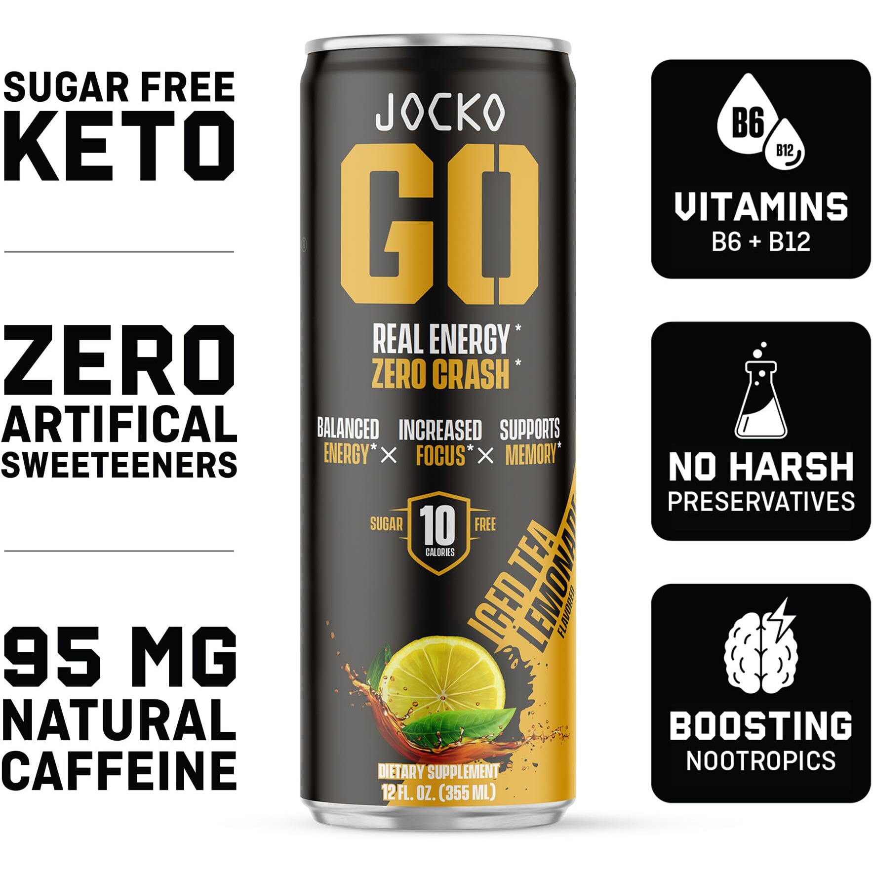 Jocko Go Energy Drink - Keto, Vitamin B12, Vitamin B6, Electrolytes, L Theanine, Magnesium- All Natural Energy Boost, Sugar Free Nootropic Monk Fruit Blend - 12 Pack (Iced Tea - Lemonade Flavor)