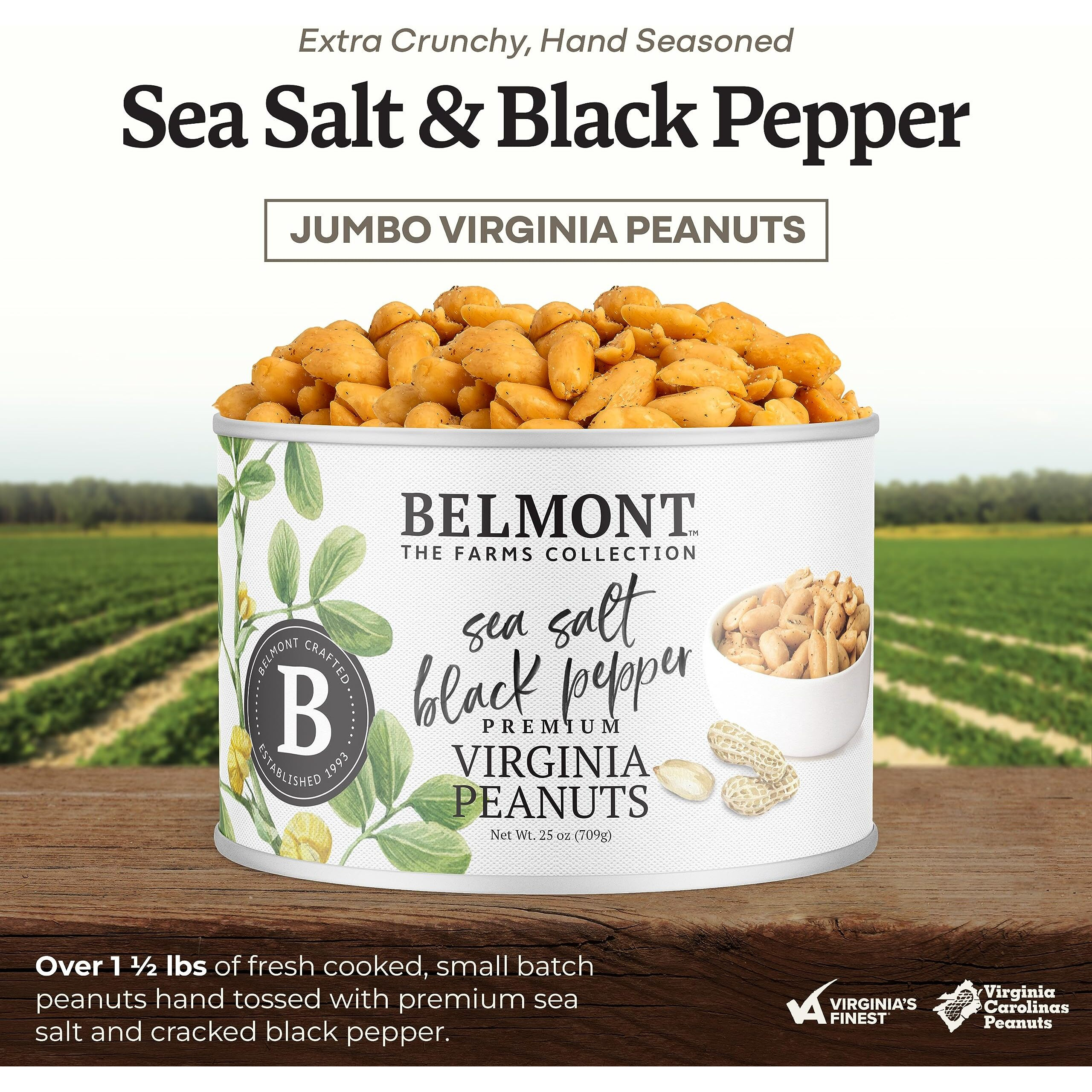 Belmont Peanuts Gourmet Sea Salt And Black Pepper Flavored Virginia Peanuts, 25 Oz (2 Pack) - Only 4 Simple Ingredients, No Preservatives, 7G Protein - Salty, Peppery, Crunchy, Hand Seasoned Snack