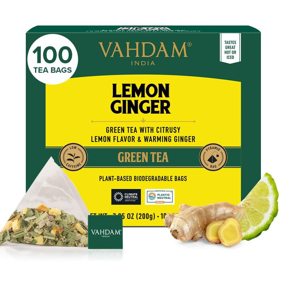 Vahdam, Lemon Ginger Tea Bags (100 Green Tea Bags) Low Caffeine | Fruity Flavor - Zesty Lemon & Ginger, Orange Peel | Resealable Ziplock Pouch | Brew Hot Or Iced Tea