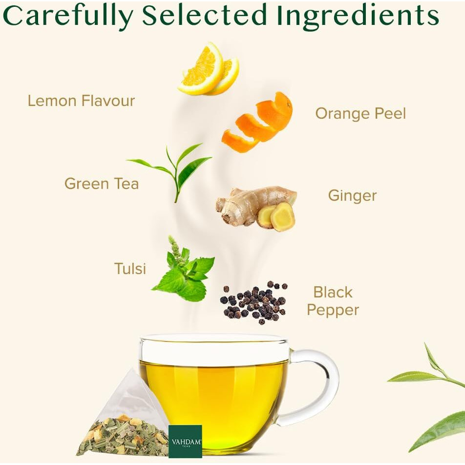 Vahdam, Lemon Ginger Tea Bags (100 Green Tea Bags) Low Caffeine | Fruity Flavor - Zesty Lemon & Ginger, Orange Peel | Resealable Ziplock Pouch | Brew Hot Or Iced Tea