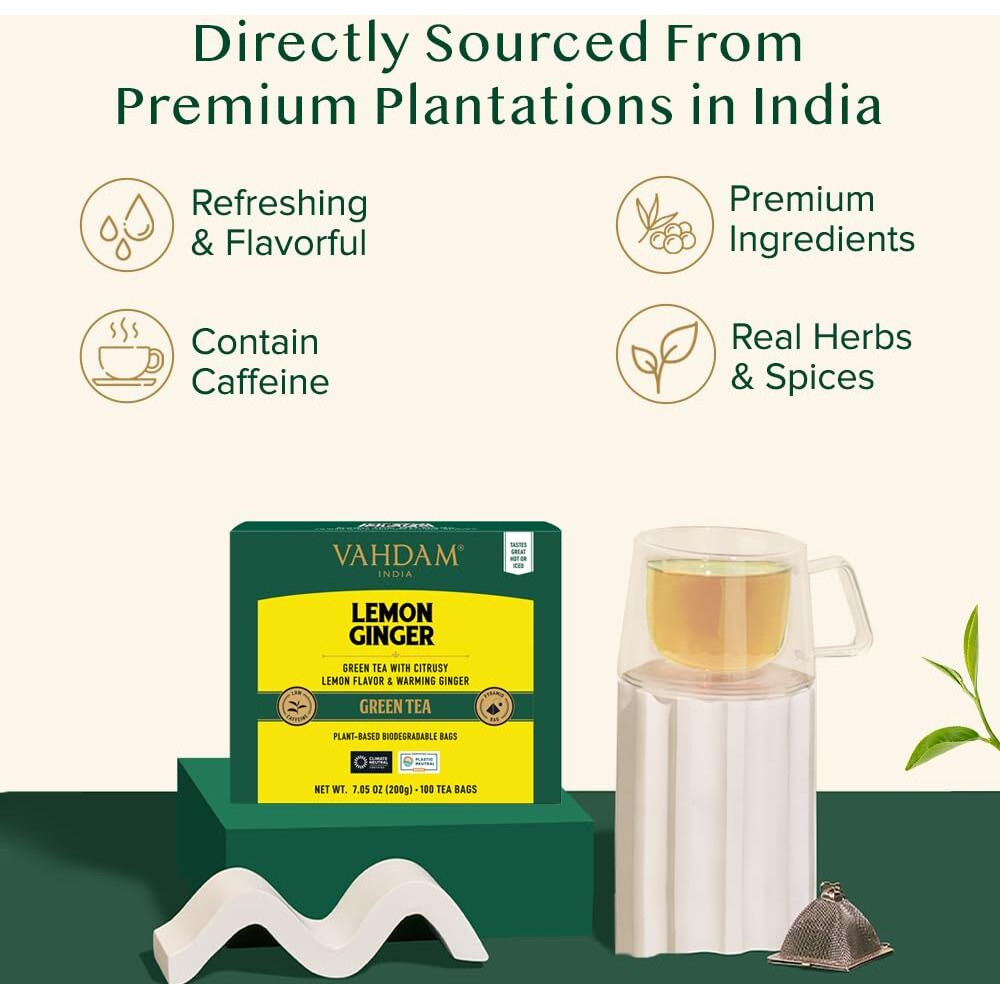 Vahdam, Lemon Ginger Tea Bags (100 Green Tea Bags) Low Caffeine | Fruity Flavor - Zesty Lemon & Ginger, Orange Peel | Resealable Ziplock Pouch | Brew Hot Or Iced Tea