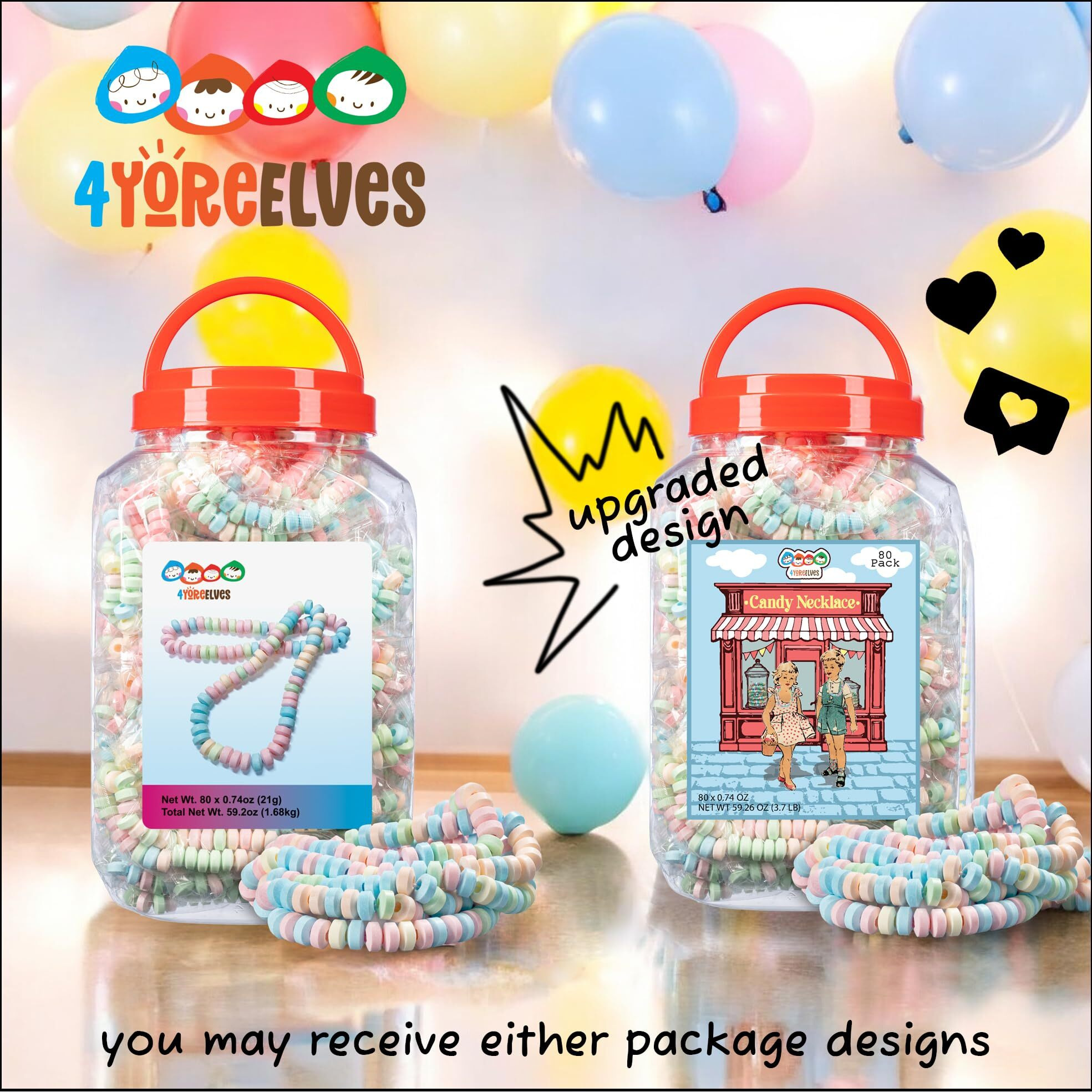 80 Candy Necklaces Individually Wrapped, Choker Style, Nostalgic Pastel Candy Jewelry Perfect For Party Favors, Pinata Fillers And Goodie Bags, Packed In A Convenient Display Tub, By 4Yoreelves