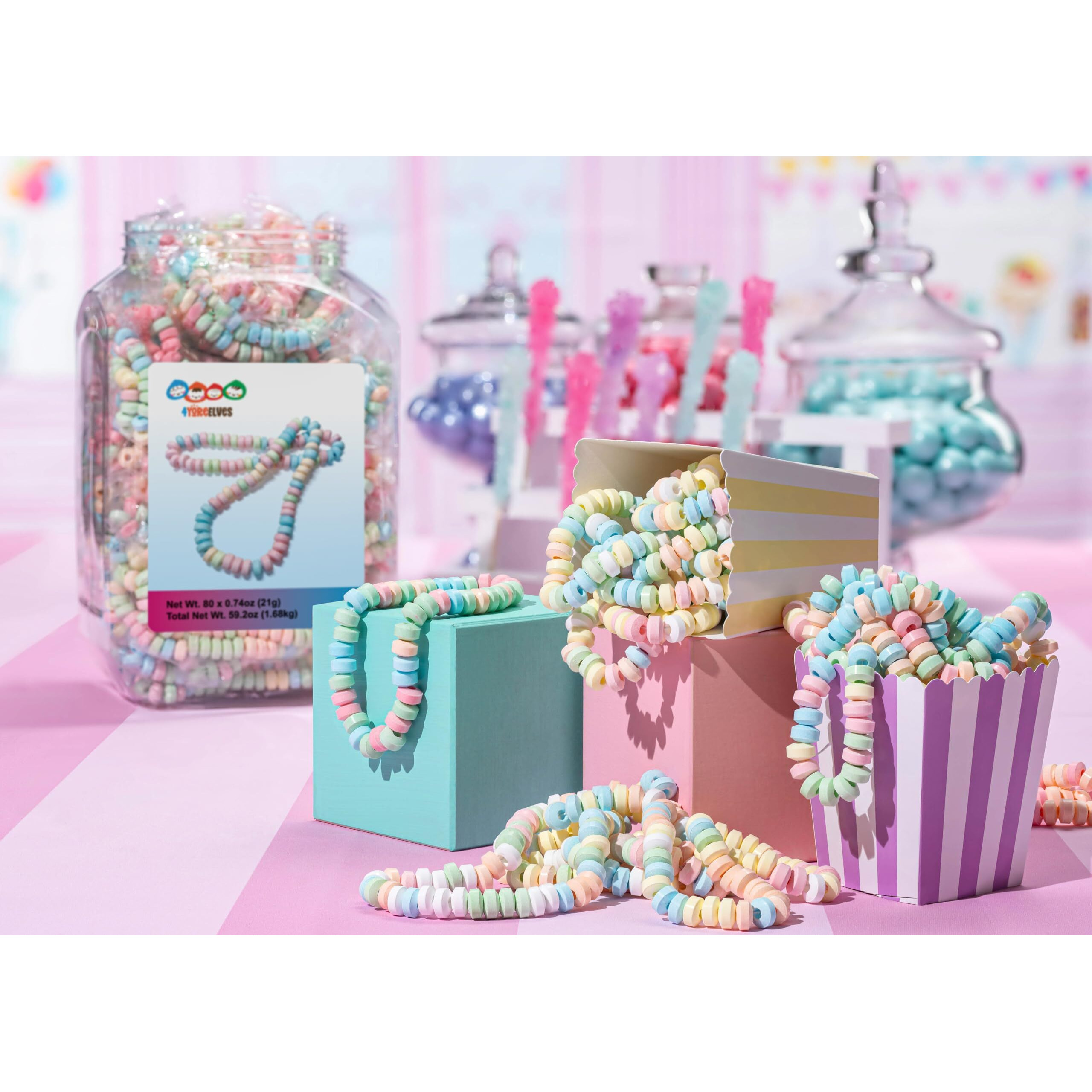 80 Candy Necklaces Individually Wrapped, Choker Style, Nostalgic Pastel Candy Jewelry Perfect For Party Favors, Pinata Fillers And Goodie Bags, Packed In A Convenient Display Tub, By 4Yoreelves