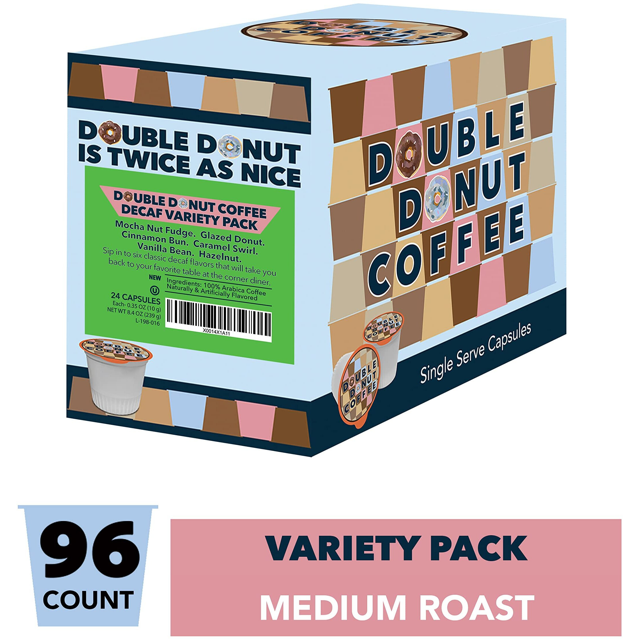 Double Donut Coffee Decaf Flavored Coffee Single Serve Cups For Keurig K Cup Brewer Variety Pack Sampler (96 Count)