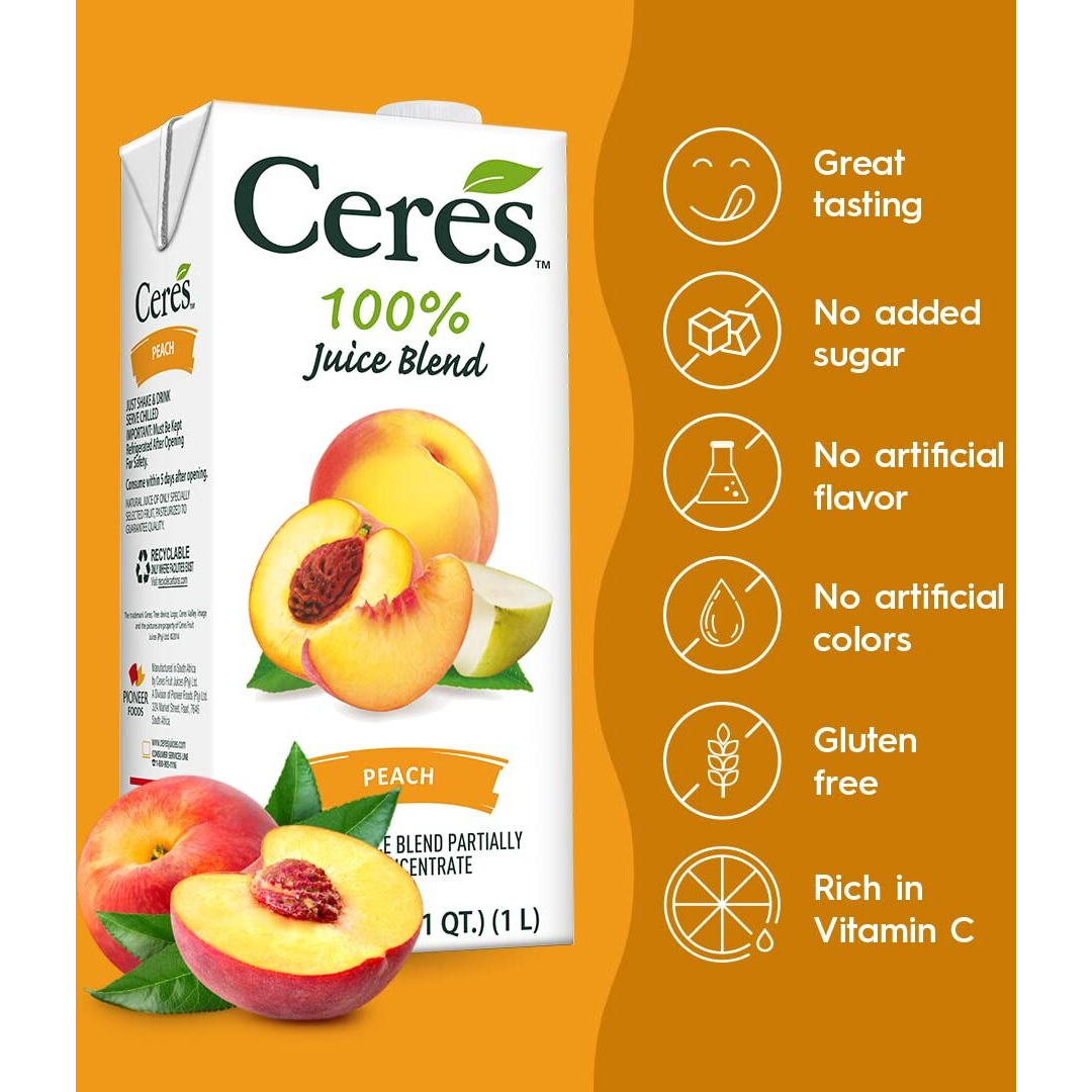Ceres 100% All Natural Pure Fruit Juice Blend - Delicious Peach Edition - Rich In Vitamin C, No Added Sugar Or Preservatives, Cholesterol Free, Gluten Free - 33.8 Fl Oz (Pack Of 6)