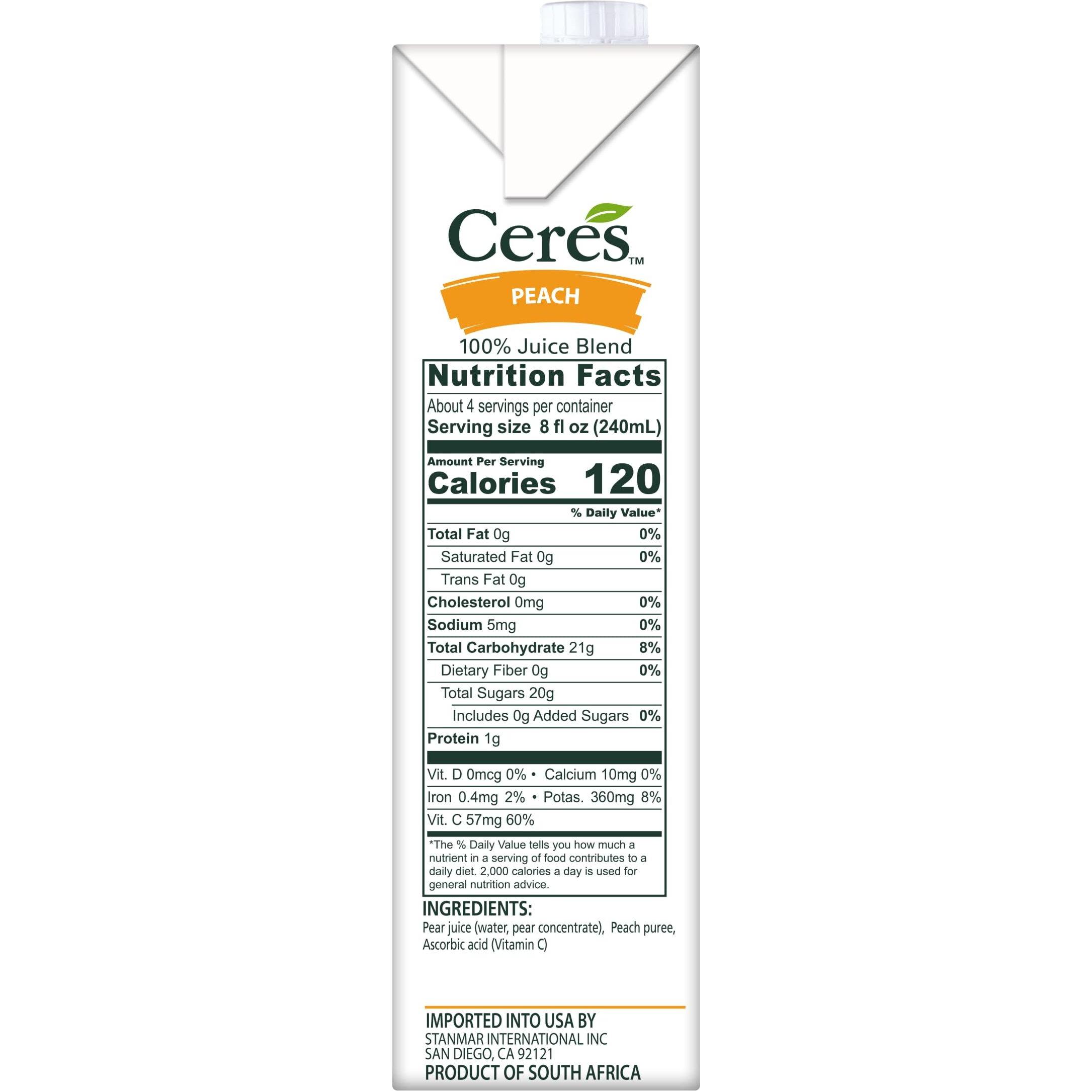 Ceres 100% All Natural Pure Fruit Juice Blend - Delicious Peach Edition - Rich In Vitamin C, No Added Sugar Or Preservatives, Cholesterol Free, Gluten Free - 33.8 Fl Oz (Pack Of 6)