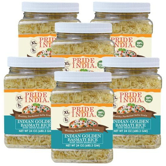Pride Of India - Pack Of 6 - Extra Long Indian Golden Basmati Rice - Healthy Parboiled Sella Grain, 1.5 Pound Jar