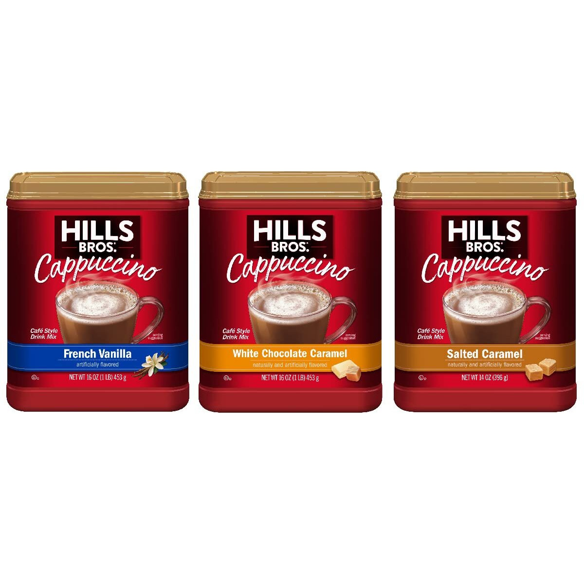 Hills Bros. Instant Cappuccino Mix, French Vanilla, Salted Caramel, & White Chocolate Caramel Variety Pack (Pack Of 3) - Convenient Instant Hot Or Iced Coffee, Frothy & Rich Flavor - Just Add Water