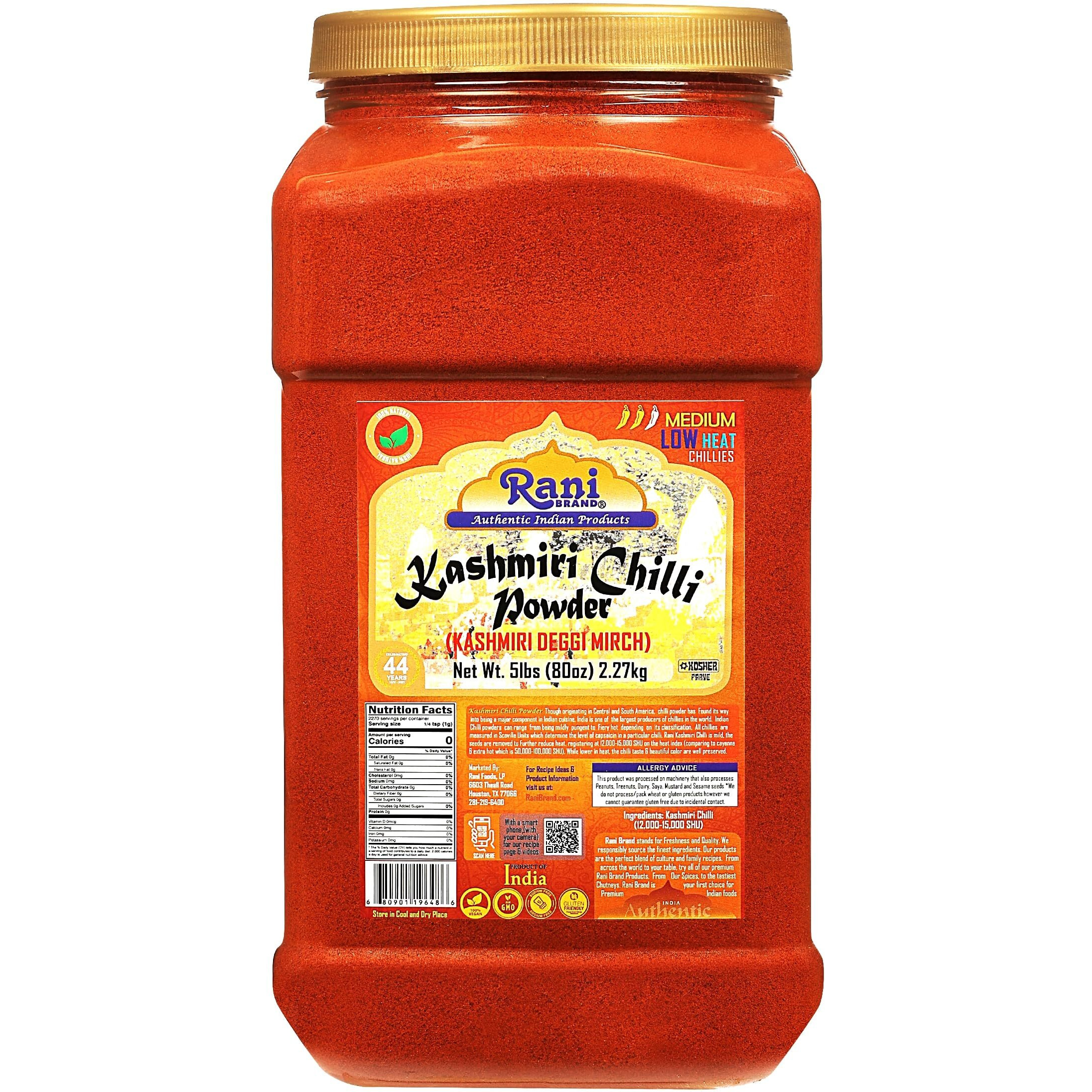 Rani Kashmiri Chilli Powder (Deggi Mirch,Low Heat) Ground Indian Spice 80Oz (5Lbs) Pet Jar ~ All Natural | Salt-Free | Vegan | Gluten Friendly | Kosher | Perfect For Deviled Eggs & Low Heat Dishes
