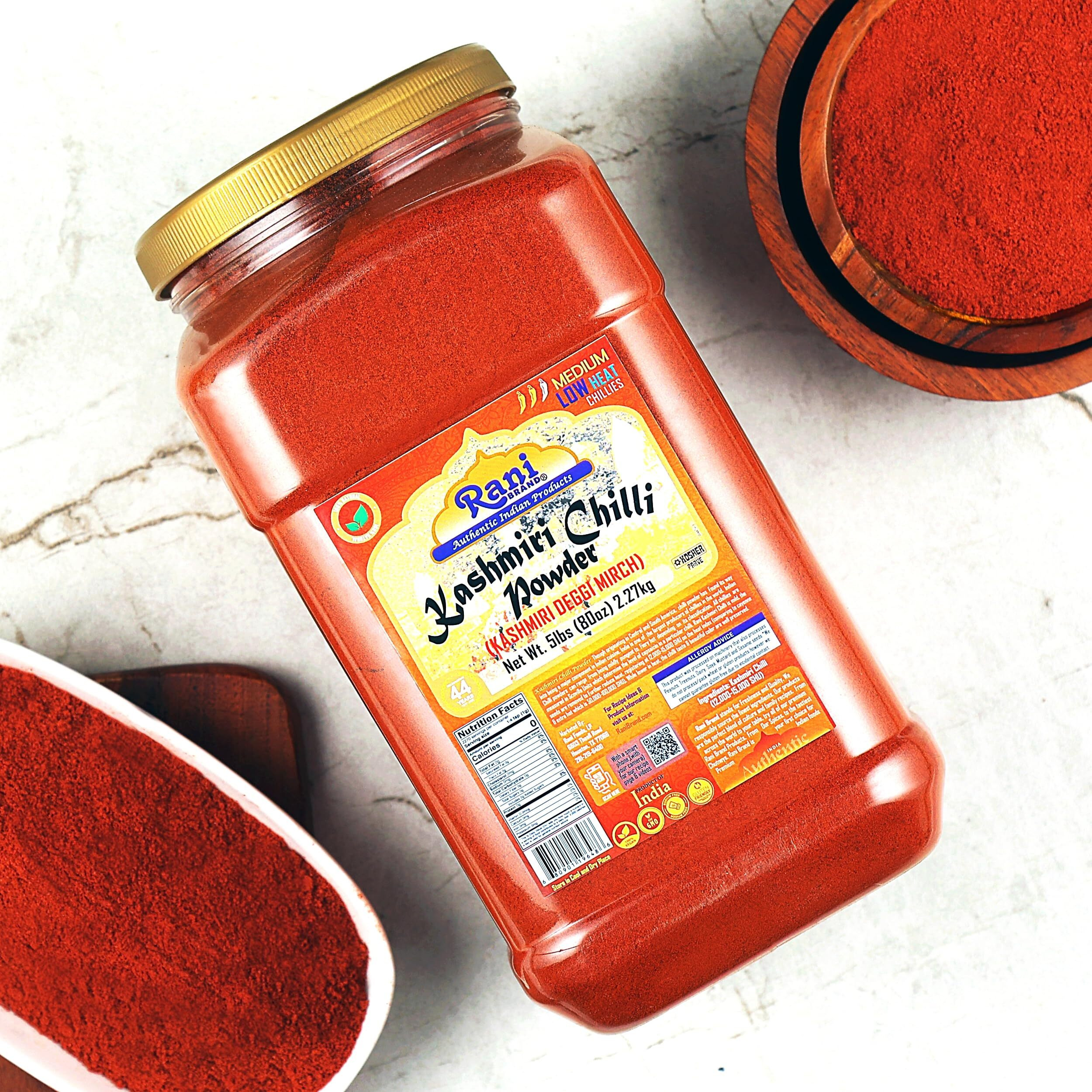Rani Kashmiri Chilli Powder (Deggi Mirch,Low Heat) Ground Indian Spice 80Oz (5Lbs) Pet Jar ~ All Natural | Salt-Free | Vegan | Gluten Friendly | Kosher | Perfect For Deviled Eggs & Low Heat Dishes