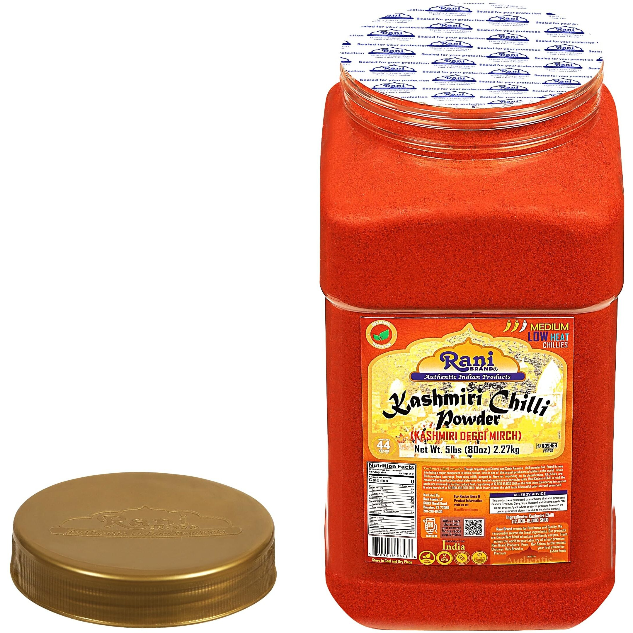 Rani Kashmiri Chilli Powder (Deggi Mirch,Low Heat) Ground Indian Spice 80Oz (5Lbs) Pet Jar ~ All Natural | Salt-Free | Vegan | Gluten Friendly | Kosher | Perfect For Deviled Eggs & Low Heat Dishes