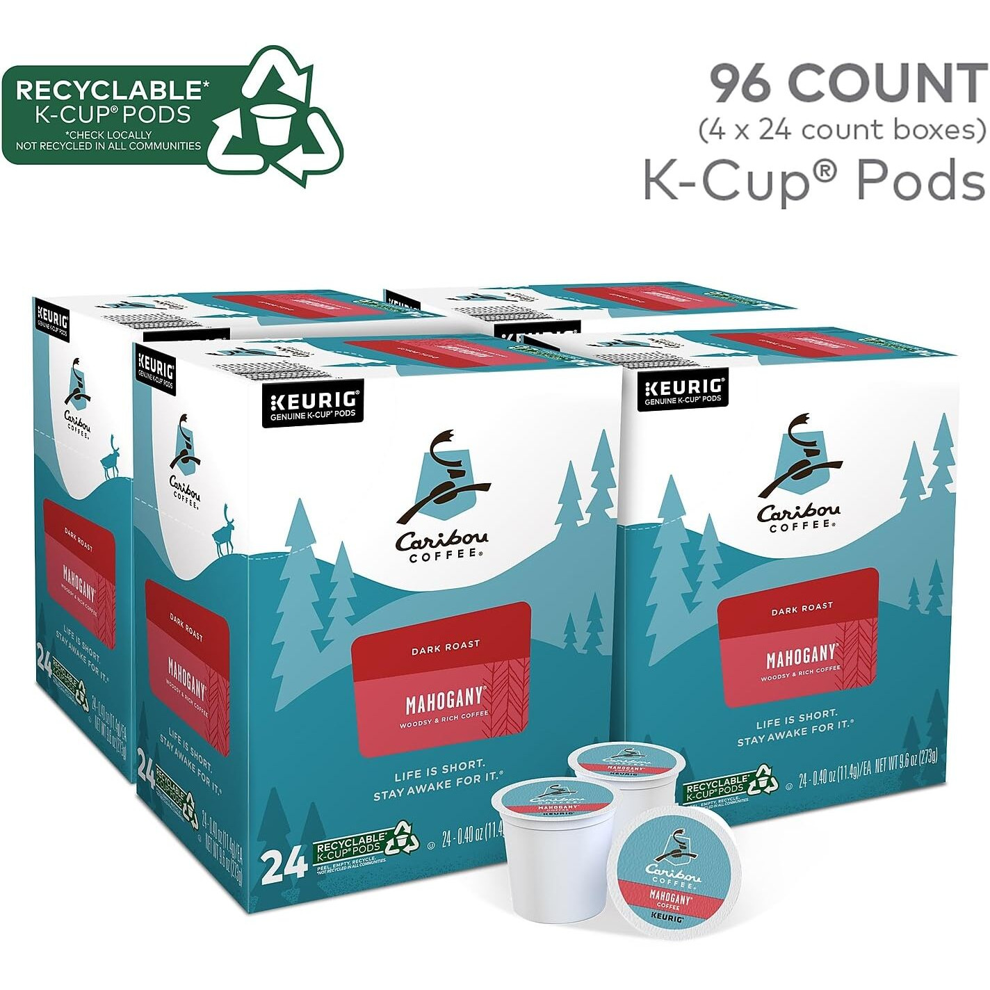 Caribou Coffee Mahogany, Single-Serve Keurig K-Cup Pods, Dark Roast Coffee, 96 Count