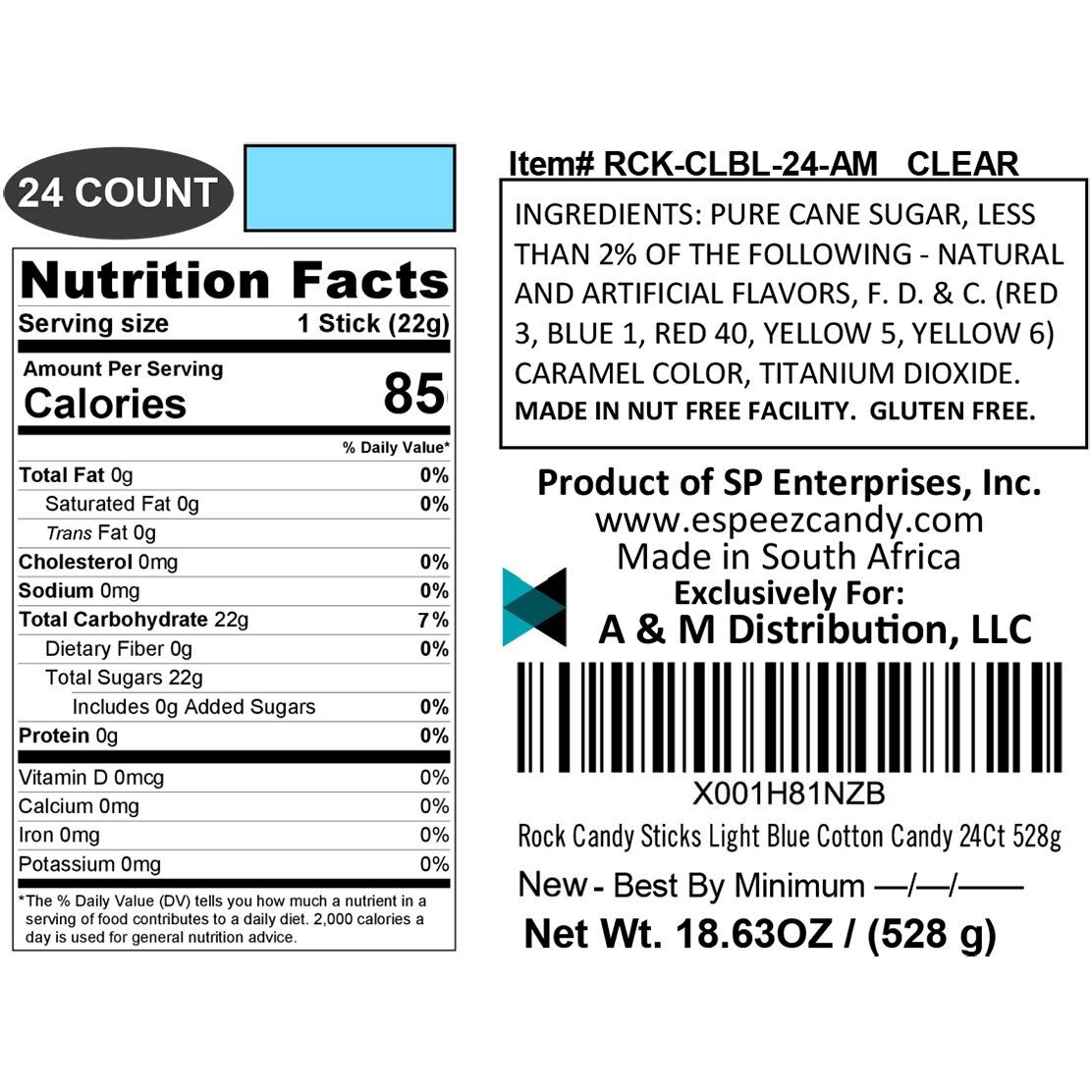 Extra Large Rock Candy Sticks 24 Light Blue Cotton Candy Lollipop - Individually Wrapped - Espeez Rock Candy Sticks For Candy Buffet, Birthdays, Weddings, Receptions And Baby Shower