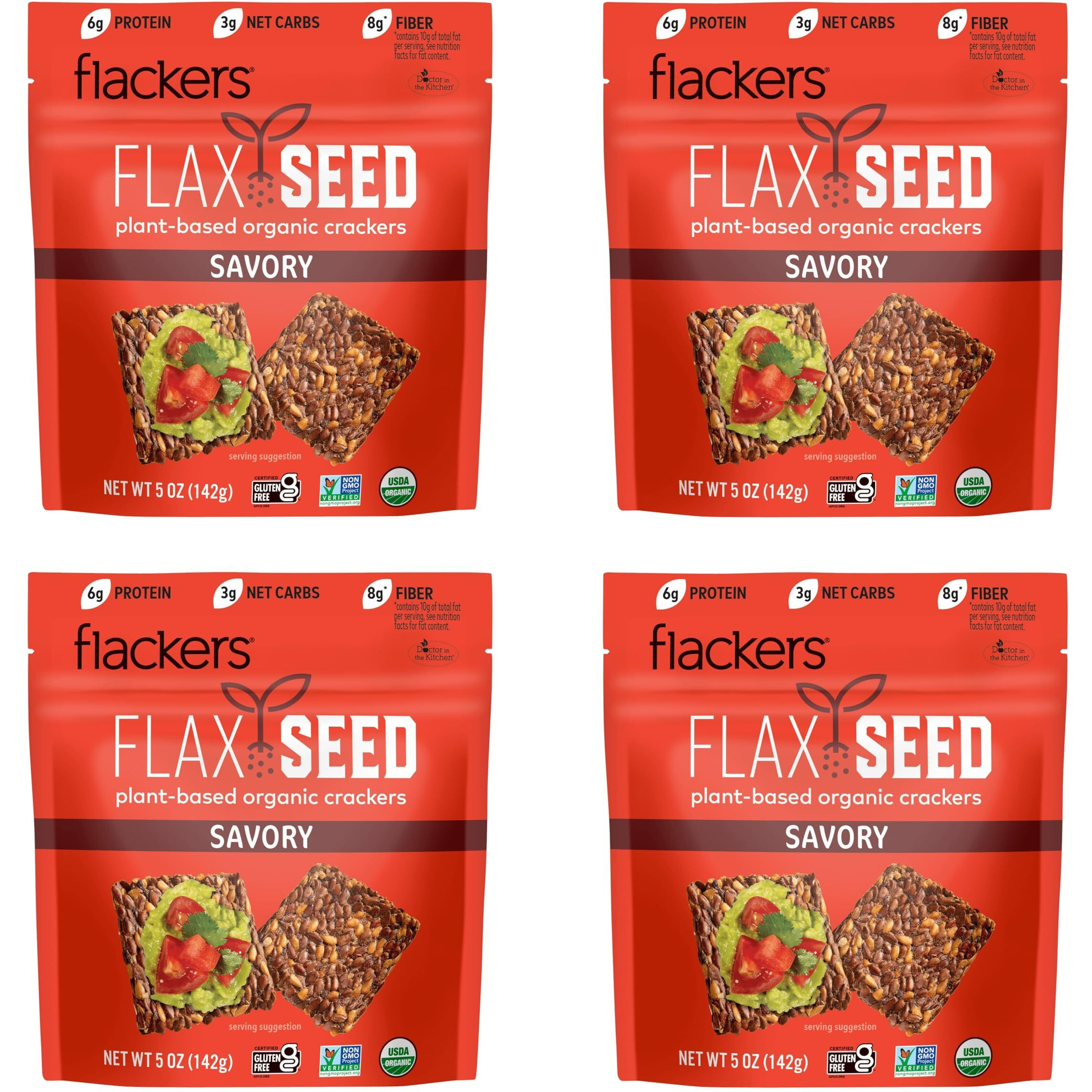 Flackers Organic Savory Flaxseed Crackers, Gluten Free, Non Gmo, Vegan, Keto Snack, 8G Fiber, 3G Net Carbs, 5 Ounce 4-Pack