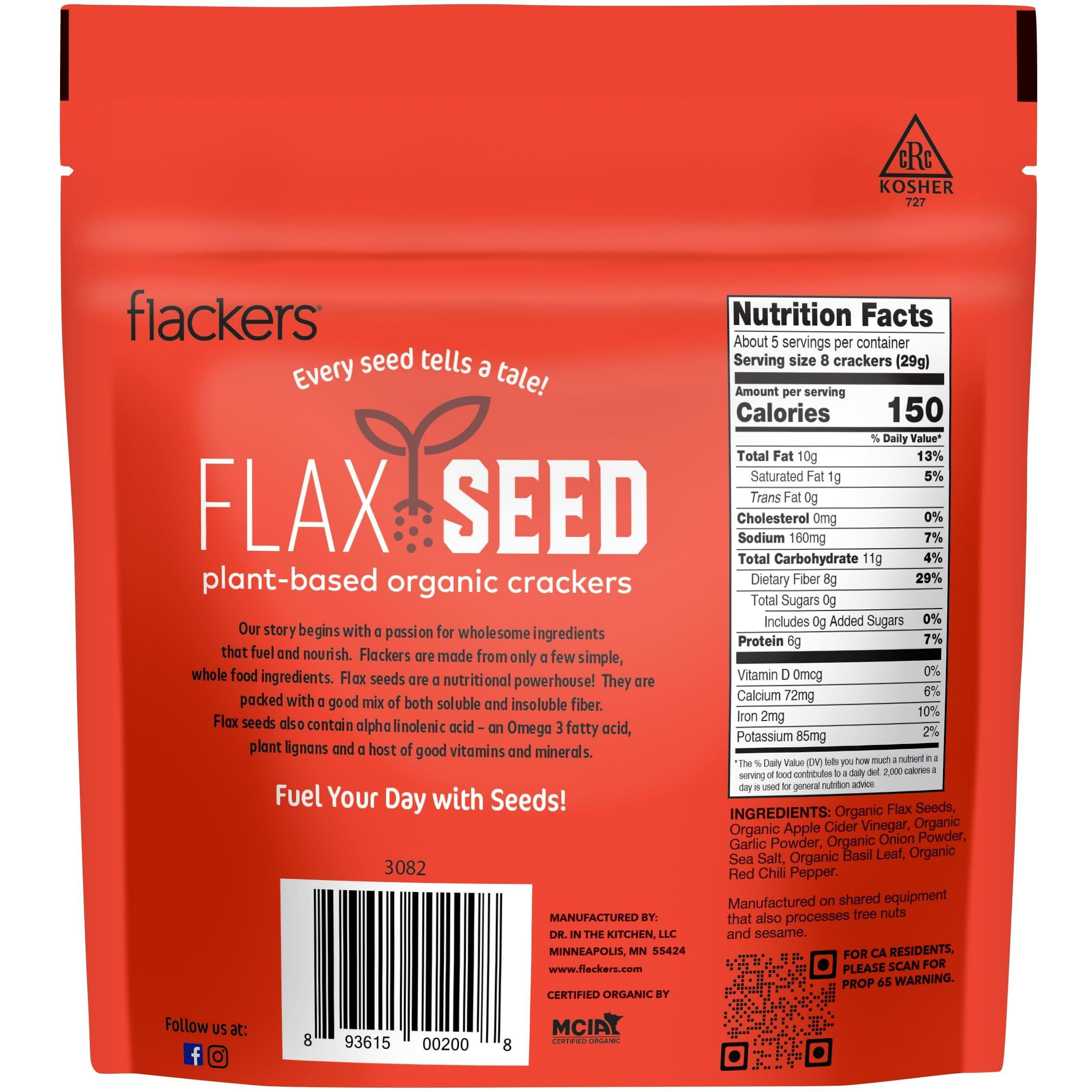 Flackers Organic Savory Flaxseed Crackers, Gluten Free, Non Gmo, Vegan, Keto Snack, 8G Fiber, 3G Net Carbs, 5 Ounce 4-Pack