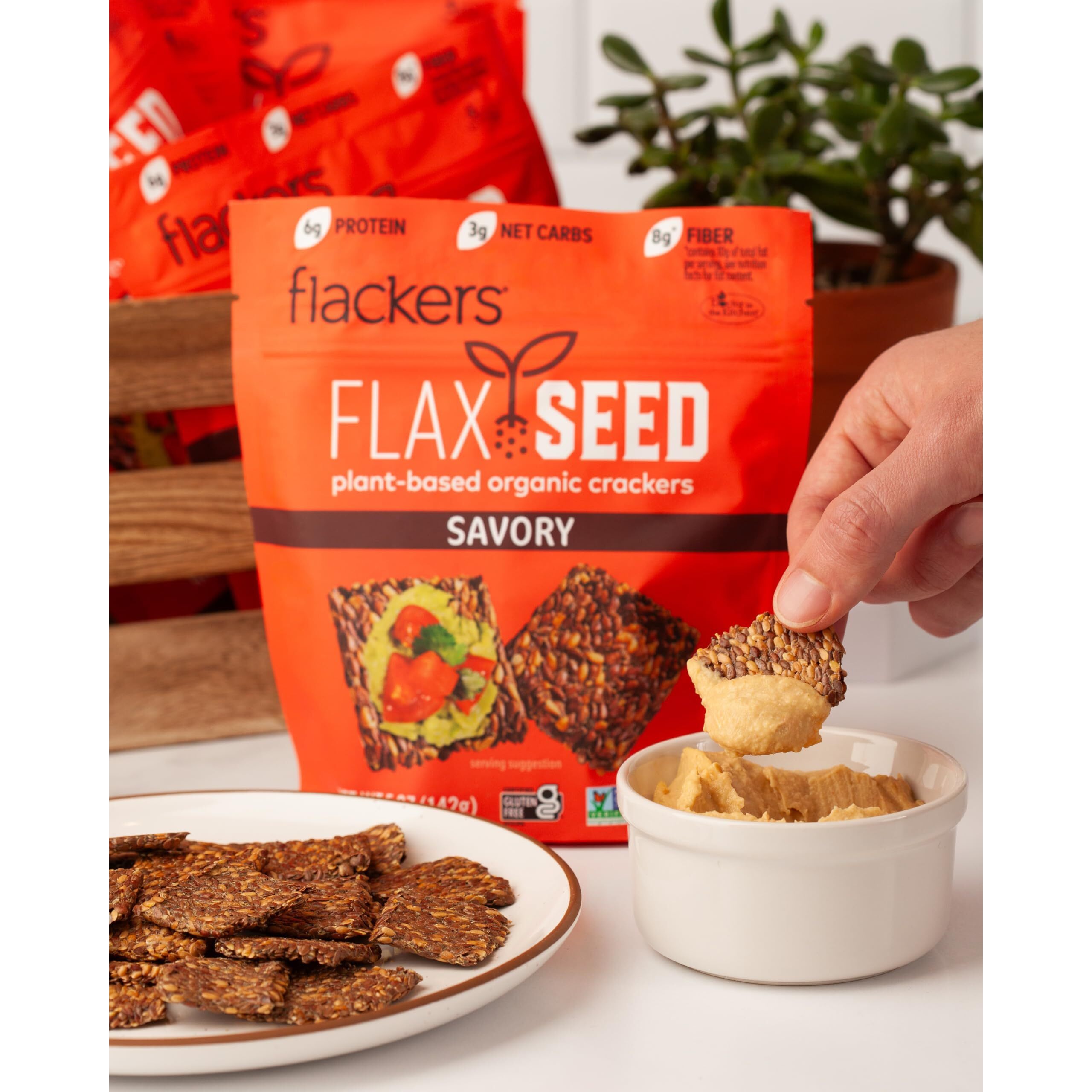 Flackers Organic Savory Flaxseed Crackers, Gluten Free, Non Gmo, Vegan, Keto Snack, 8G Fiber, 3G Net Carbs, 5 Ounce 4-Pack