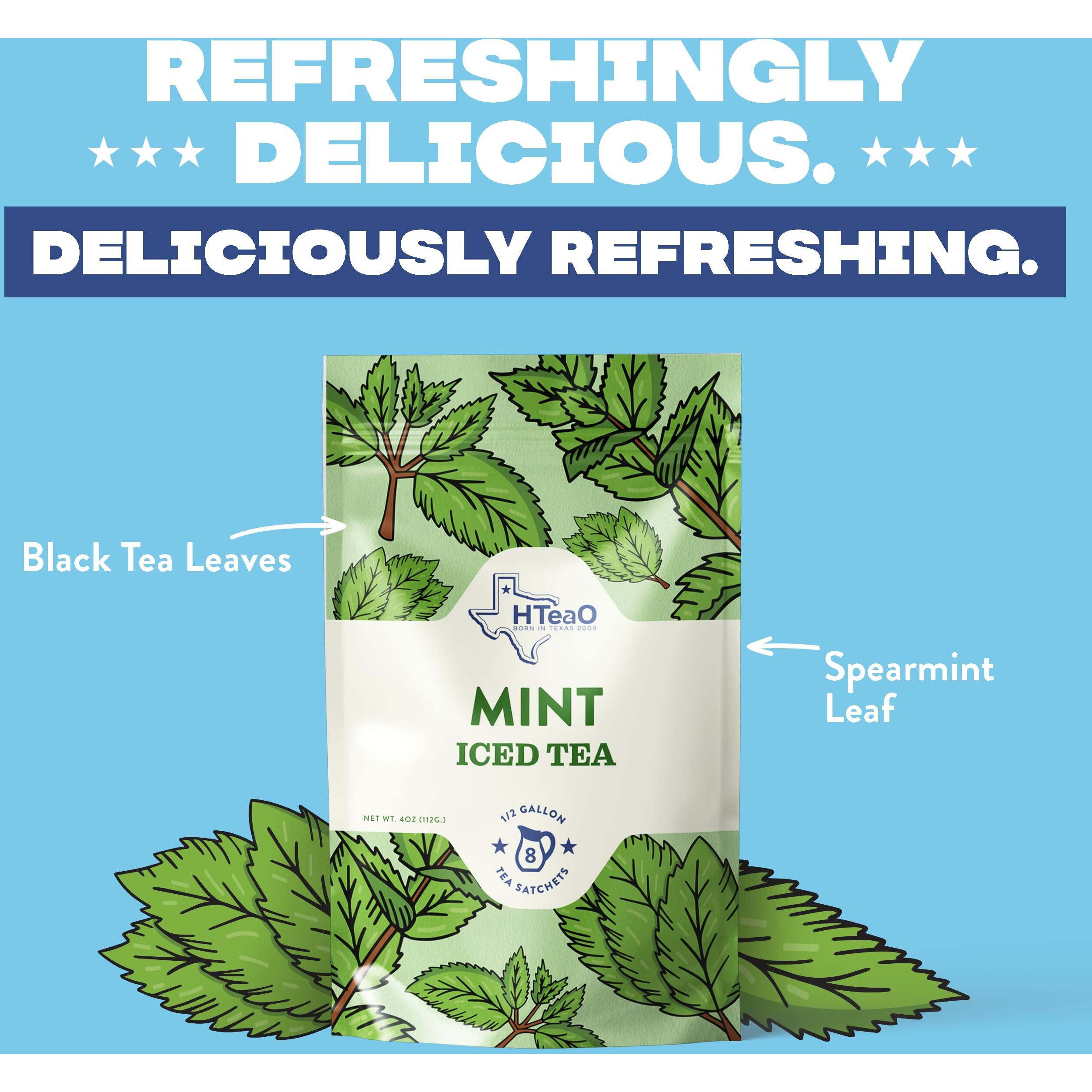 Hteao Iced Tea Sachets - Mint Black Tea Mix For Instant Ice Tea - 8 Gallons Per Package - Real Texas-Style Flavored Iced Tea In 5 Minutes (Pack Of 16 Sachet Bags)