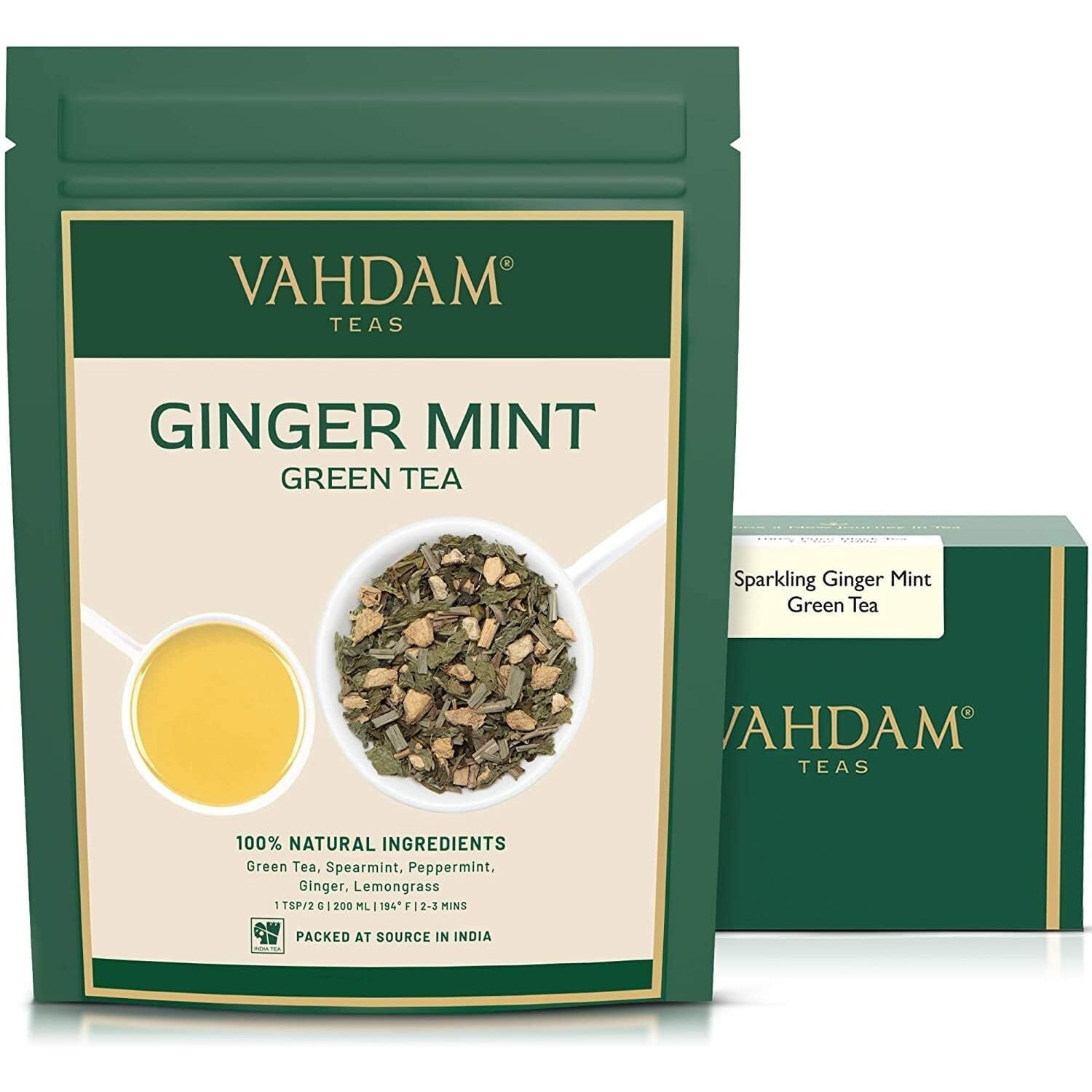 Vahdam, Ginger Mint Green Tea Loose Leaf (50+ Cups, 3.5Oz) Blend Of Ginger Tea & Mint Tea | Pure Green Tea Leaves | High Elevation Grown | Vacuum Sealed