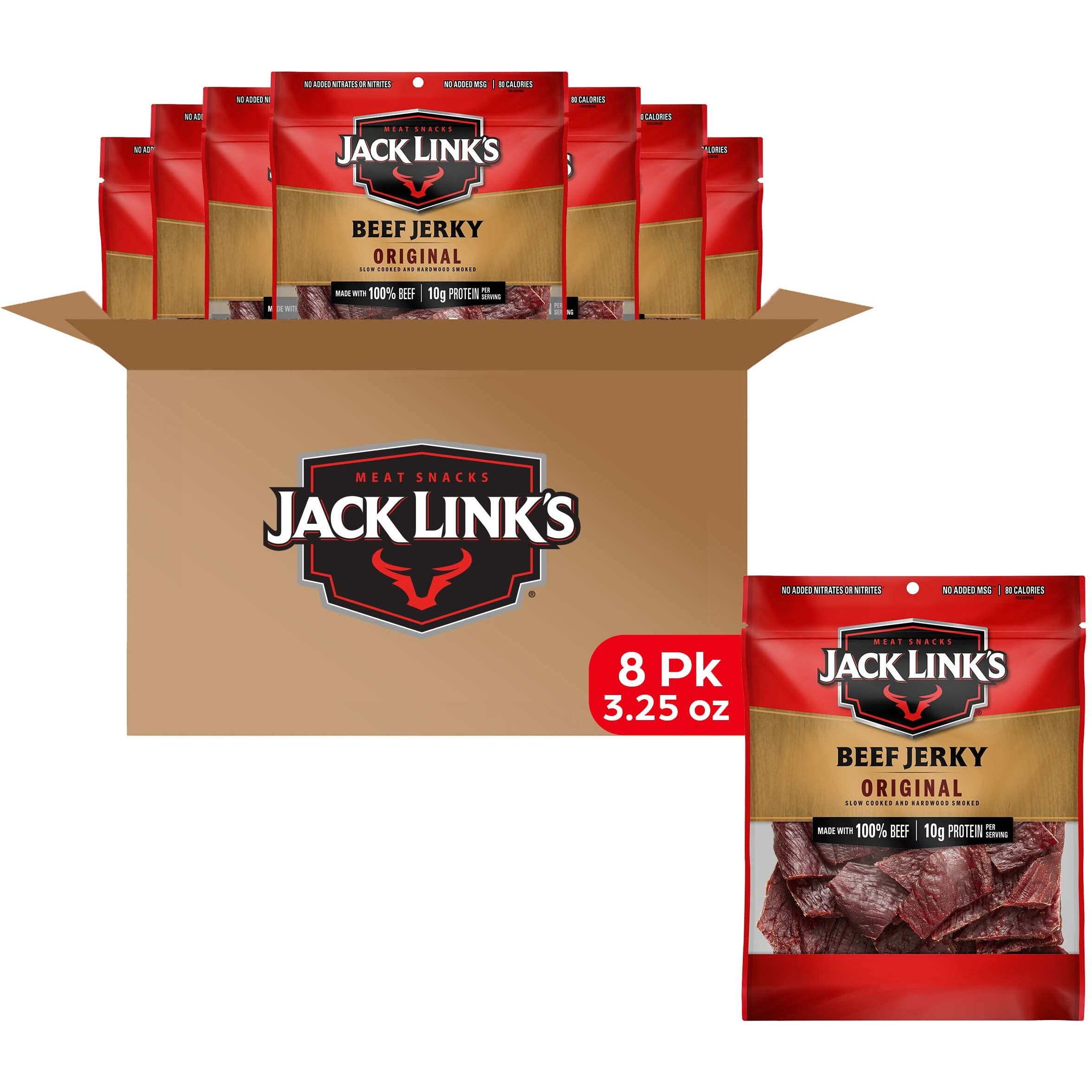 Jack Link's Beef Jerky, Original - Flavorful Meat Snack For Break Rooms, 10G Protein And 80 Calories, Made With 100% Beef - No Added Msg** Or Nitrates/Nitrites, 3.25 Oz (Pack Of 8)