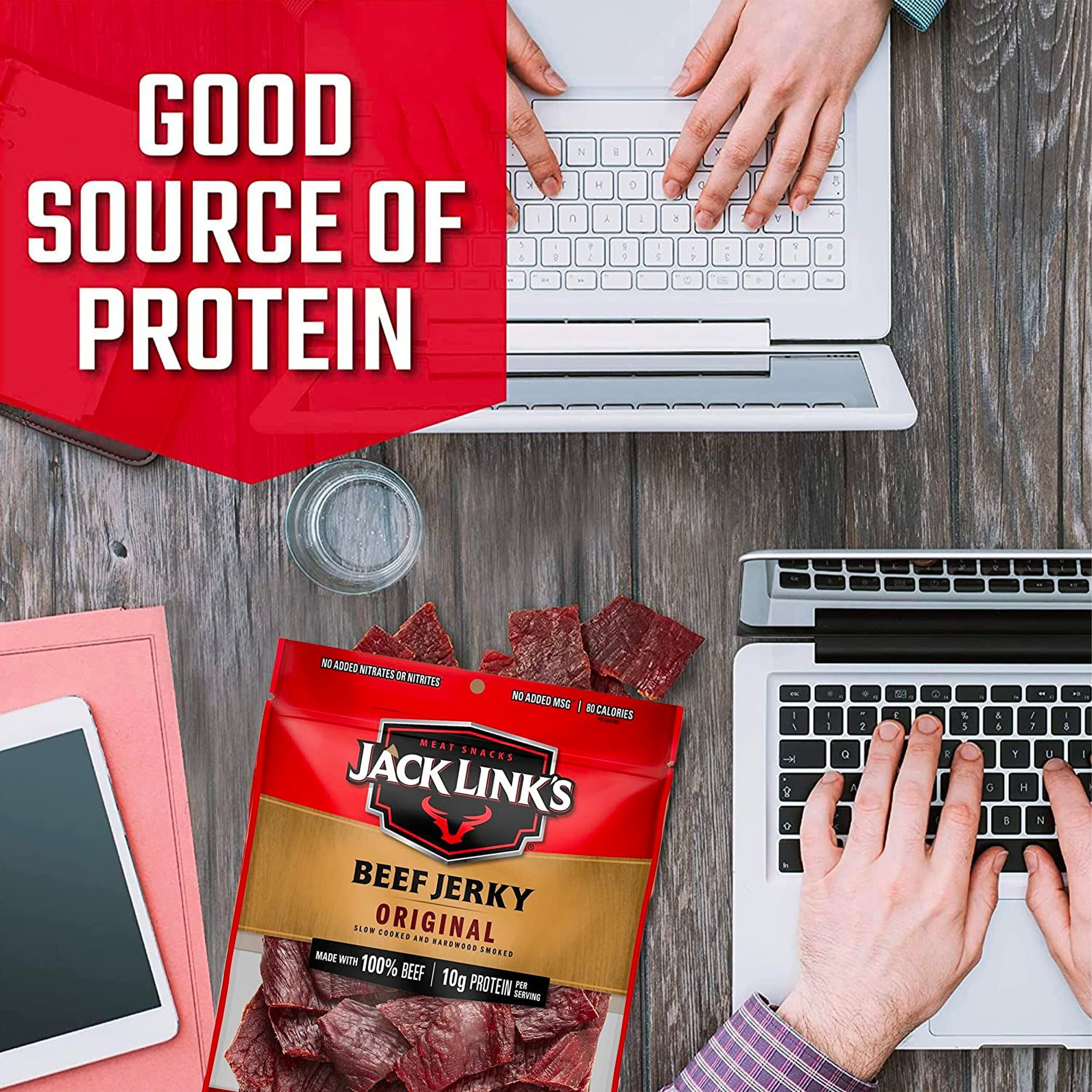 Jack Link's Beef Jerky, Original - Flavorful Meat Snack For Break Rooms, 10G Protein And 80 Calories, Made With 100% Beef - No Added Msg** Or Nitrates/Nitrites, 3.25 Oz (Pack Of 8)