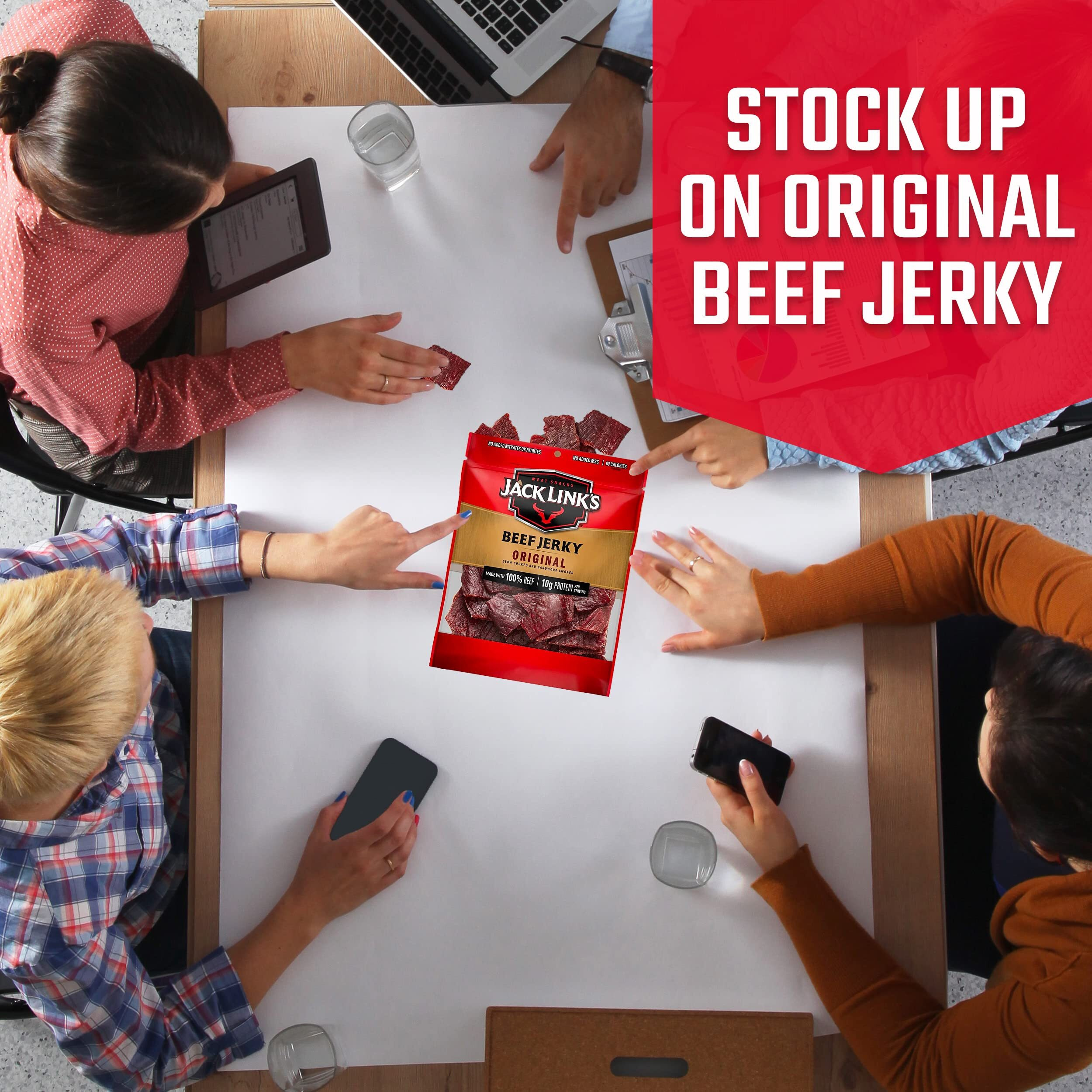Jack Link's Beef Jerky, Original - Flavorful Meat Snack For Break Rooms, 10G Protein And 80 Calories, Made With 100% Beef - No Added Msg** Or Nitrates/Nitrites, 3.25 Oz (Pack Of 8)