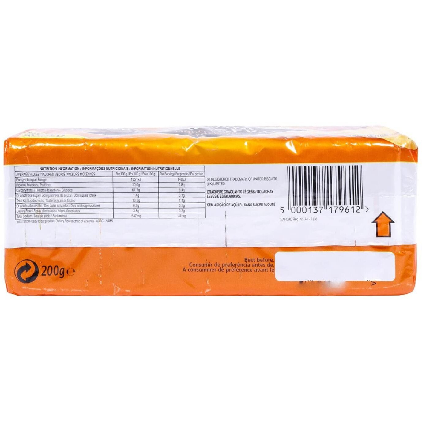 Jacob's Cream Cracker No Added Sugar 200G (Pack Of 24)