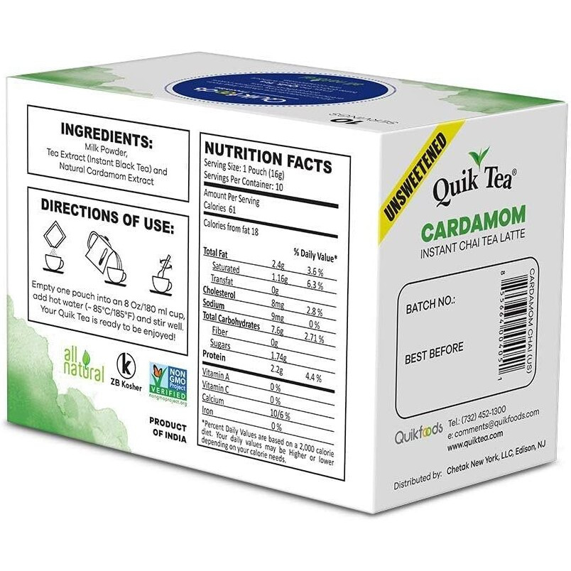 Quiktea Unsweetened Cardamom Chai Tea Latte - 10 Count Single Box - All Natural Preservative Free Authentic Chai