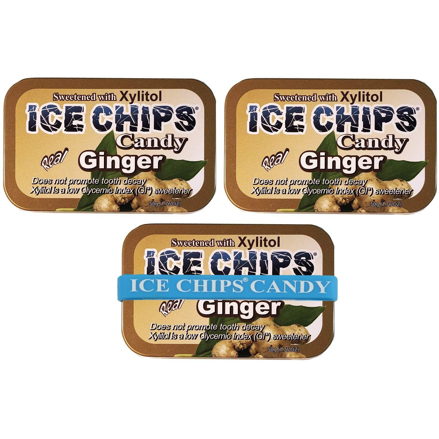 Ice Chips Xylitol Candy Tins (Ginger, 3 Pack) - Includes Band As Shown