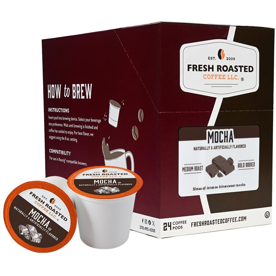 Fresh Roasted Coffee, Mocha, Flavored Coffee Pods, 24 Count