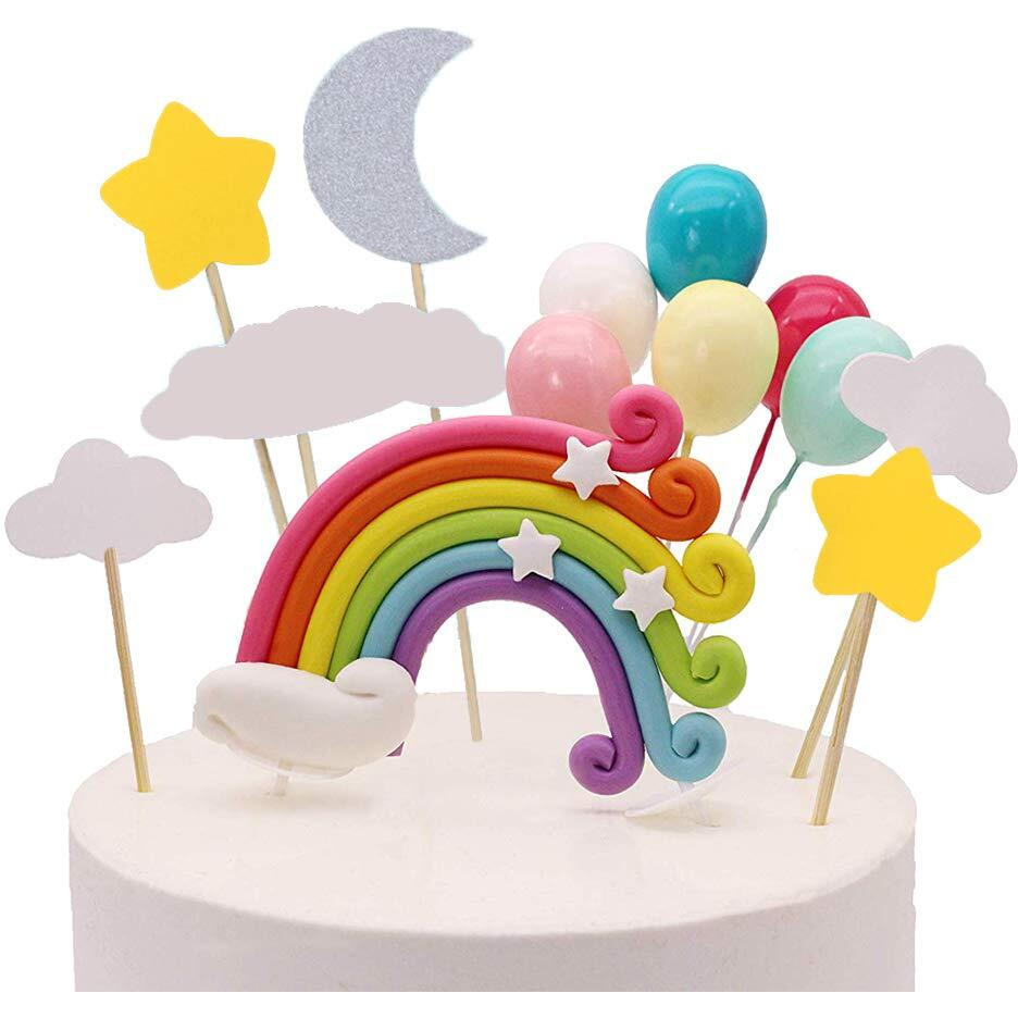 Palksky Colorful Rainbow Cake Topper/Wedding Cake Flags/Cupcake Picks Set -Include Cloud Balloon Moon Stars/Boy Girl Kid Birthday Baby Shower Party Baking Decoration Supplies