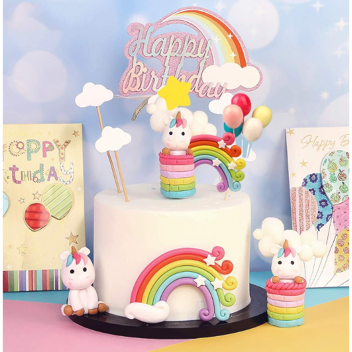 Palksky Colorful Rainbow Cake Topper/Wedding Cake Flags/Cupcake Picks Set -Include Cloud Balloon Moon Stars/Boy Girl Kid Birthday Baby Shower Party Baking Decoration Supplies