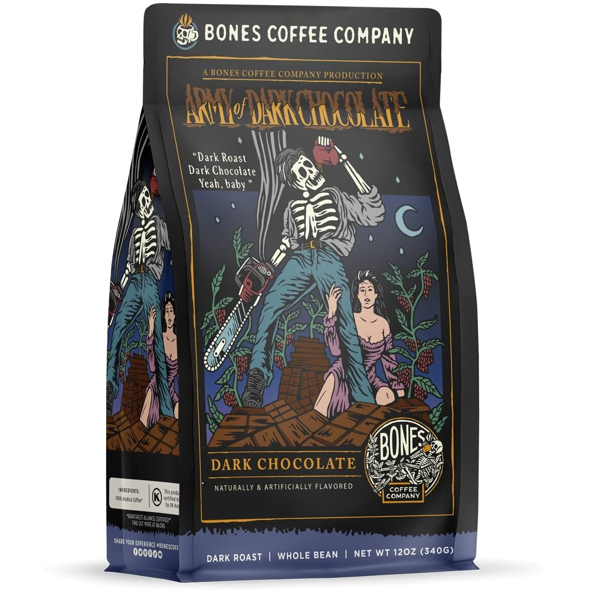 Bones Coffee Company Decaf Army Of Dark Chocolate Whole Coffee Beans, Low Acid Flavored Coffee, Made With Arabica Coffee Beans, Dark Roast Gourmet Coffee, Coffee Lover Gift Ideas (12 Oz)